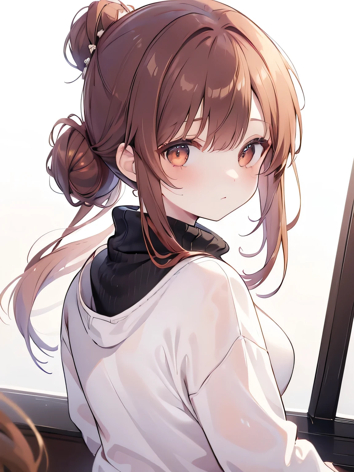 best quality , detailed , (((1 girl ))) , (ash brown hair with red dip-dye hair) ,(((single chignon hairstyle:1.2))) , ahoge , (((The bangs are even))) , beautiful small breasts,oversized white sweatshirts on tight black turtleneck inner wear , oversized white sweatshirt on tight turtleneck black inner wear , (facing the front) , (cheeks turn red) , (shy chuckle expression) , (( looking back:1.2 )) , white background