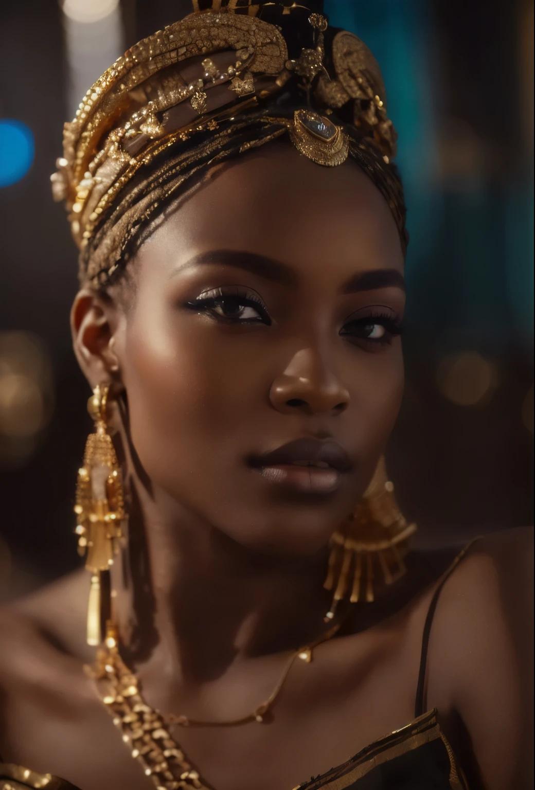 a close up of a woman wearing a gold head wrap and a necklace, stunning african princess, cinematic goddess close shot, african queen, soft portrait shot 8 k, cinematic goddess shot, african princess, traditional beauty, portrait shot 8 k, detailed portrait shot, black african princess, portrait shot, gorgeous woman, 7 0 mm. dramatic lighting, with a gold crown
