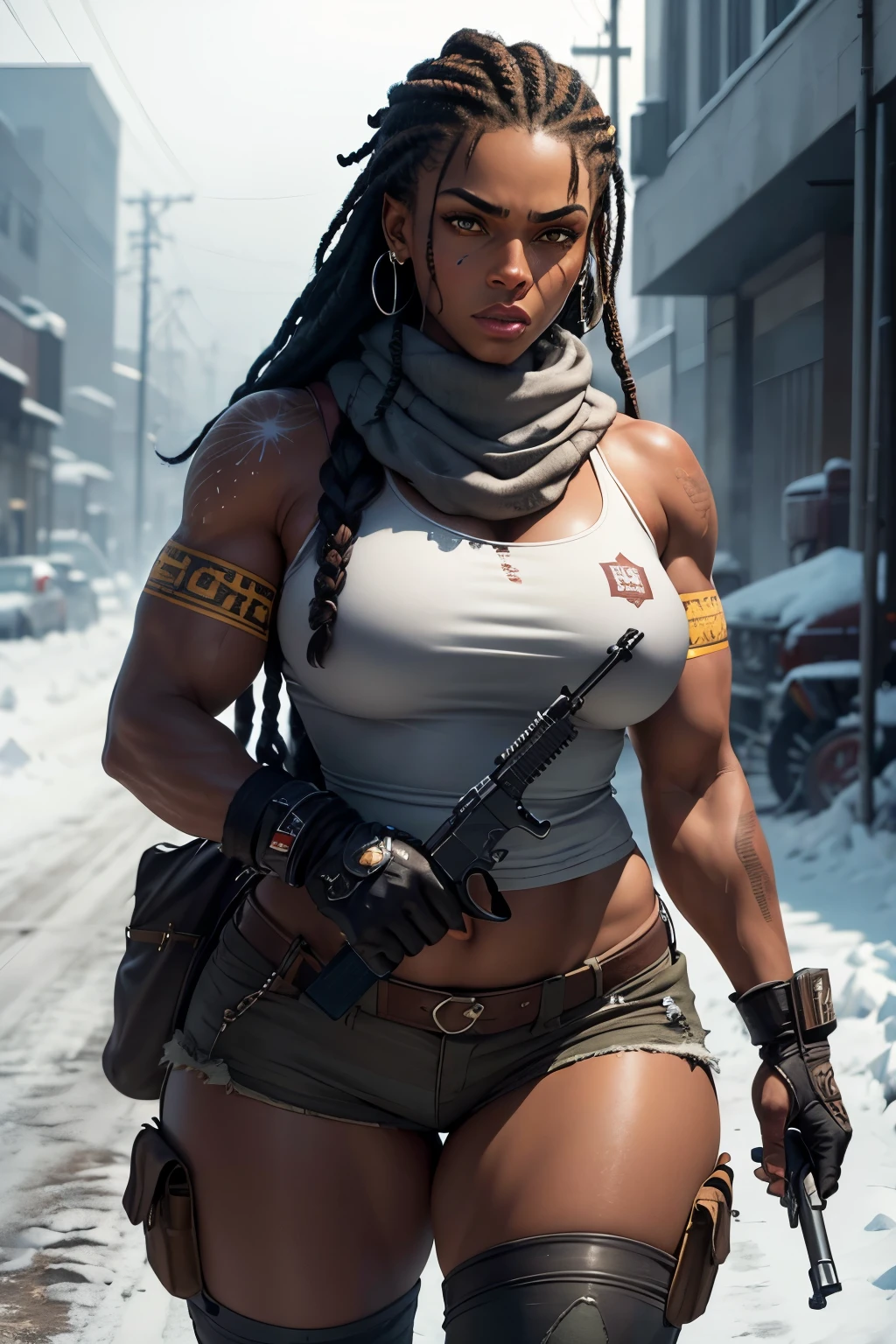 best quality,ultra-detailed,portrait, muscular, Aissa Maiga mixed with Tika Sumpter holding rifle, big woman, 3501bs, dirty, muscular thighs, woolly braided hair, very dark skin, face tattoos, beautiful detailed yellow eyes, beautiful dry lips, tribal tattoos on face, detailed long woolly braided hair, blood soaked t-shirt with scarf, balaclava under neck, dirty pants, mercinary, cold, snowy atmosphere, blood in the snow, desolate landscape, freezing, breezy winter night, icy road, bare trees, abandoned vehicles, angry expression, sharp focus on the old rusty rifle, metallic texture, crisp, high contrast, cool color tones, dramatic lighting