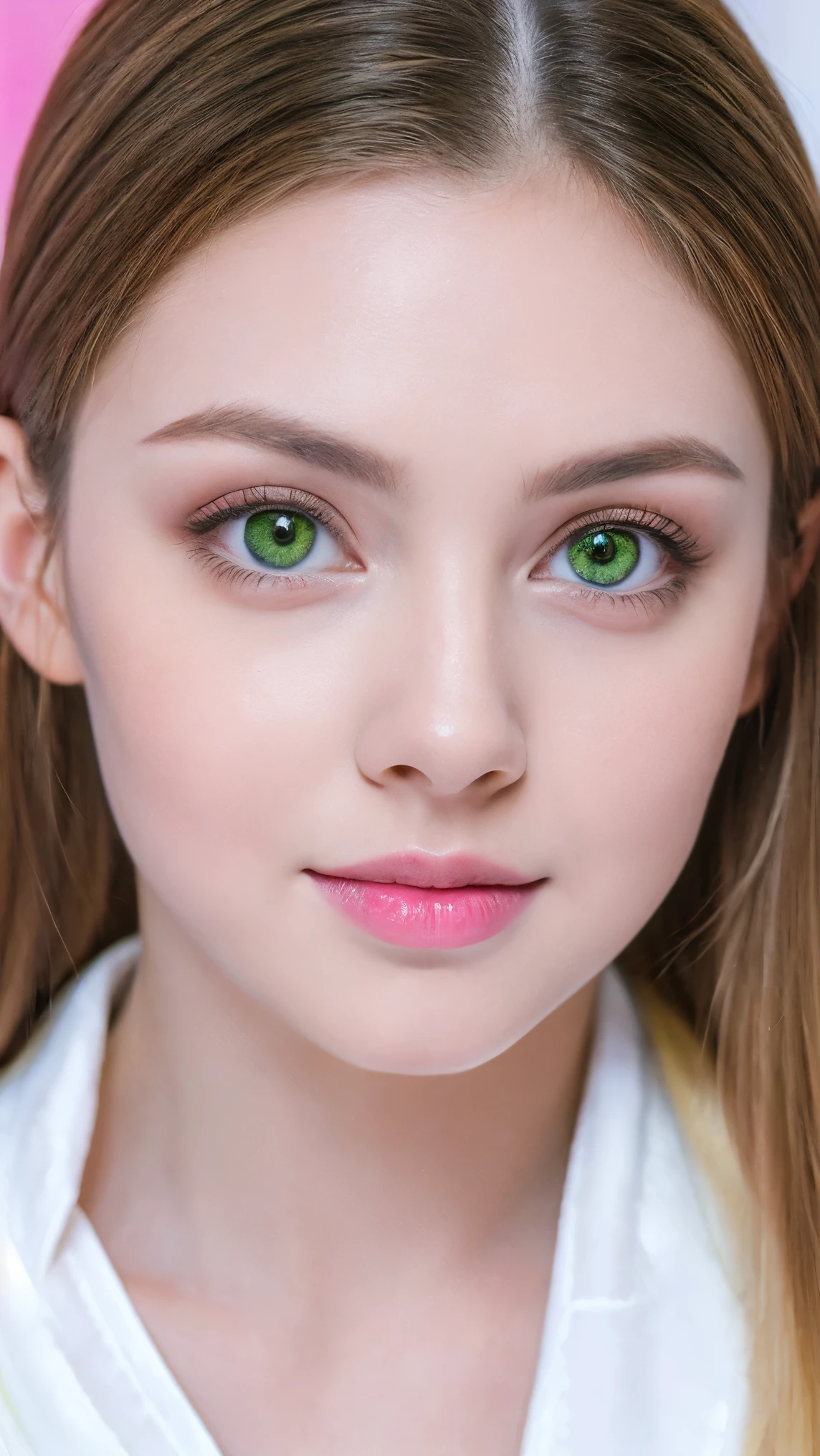 Photos of Ukrainian women. Fits the face. 25 years old, sharp chin, Raw photo, masutepiece, extremely detailed photo, Digital SLR, Photorealistic 3.9, Ultra High Resolution, of the highest quality, Pink lips, Perfect makeup, Big, Bright green eyes, white