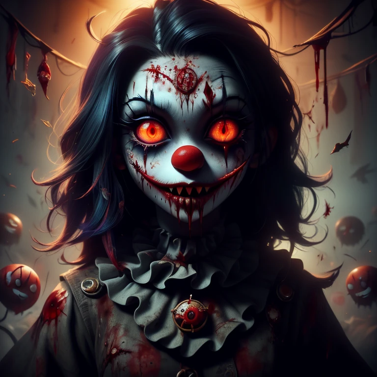 Masterpiece, best quality, 8K Wallpaper, HDR, octane rendering. A girl ((wearing Clown makeup)), ((clown clothes, dirty, tearing: 1.3)), vibrant colors. looking at the camera, dragging an ax walking in the corridor of an abandoned hospital. Intriguing scene. Vivid details, dark atmosphere, macabre elements, surprising contrast. Wide angle, dynamic pose, cinematic lighting, detailed scenery, the girl has (Messy hair with low double tail, black and blue hair, hair color: 1.4), (Beautiful and detailed face with perfect symmetry), (Beautiful detailed red eyes : 1.4), (sinister expression, smudged makeup, red lips), ((ghoulish smile, open mouth, sharp teeth: 1.6, double)), ((blood dripping from mouth: 1.63)), (((blood effect: 1.53))). (body with perfect anatomy, perfect natural texture, high details, glowing skin), cinematic lighting, moving lines, sharp focus, intricate details, vivid colors, detailed illustration, depth of field, exceptional visual immersion.