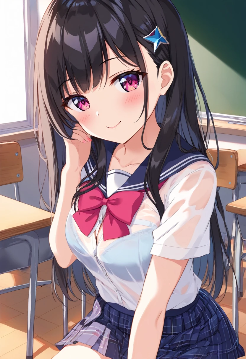 nsfw,Top quality, masterpiece, super detailed, 8k, cute high school girl, seductive, see-through, girl in uniform, pretty dark hair, classroom, love juice