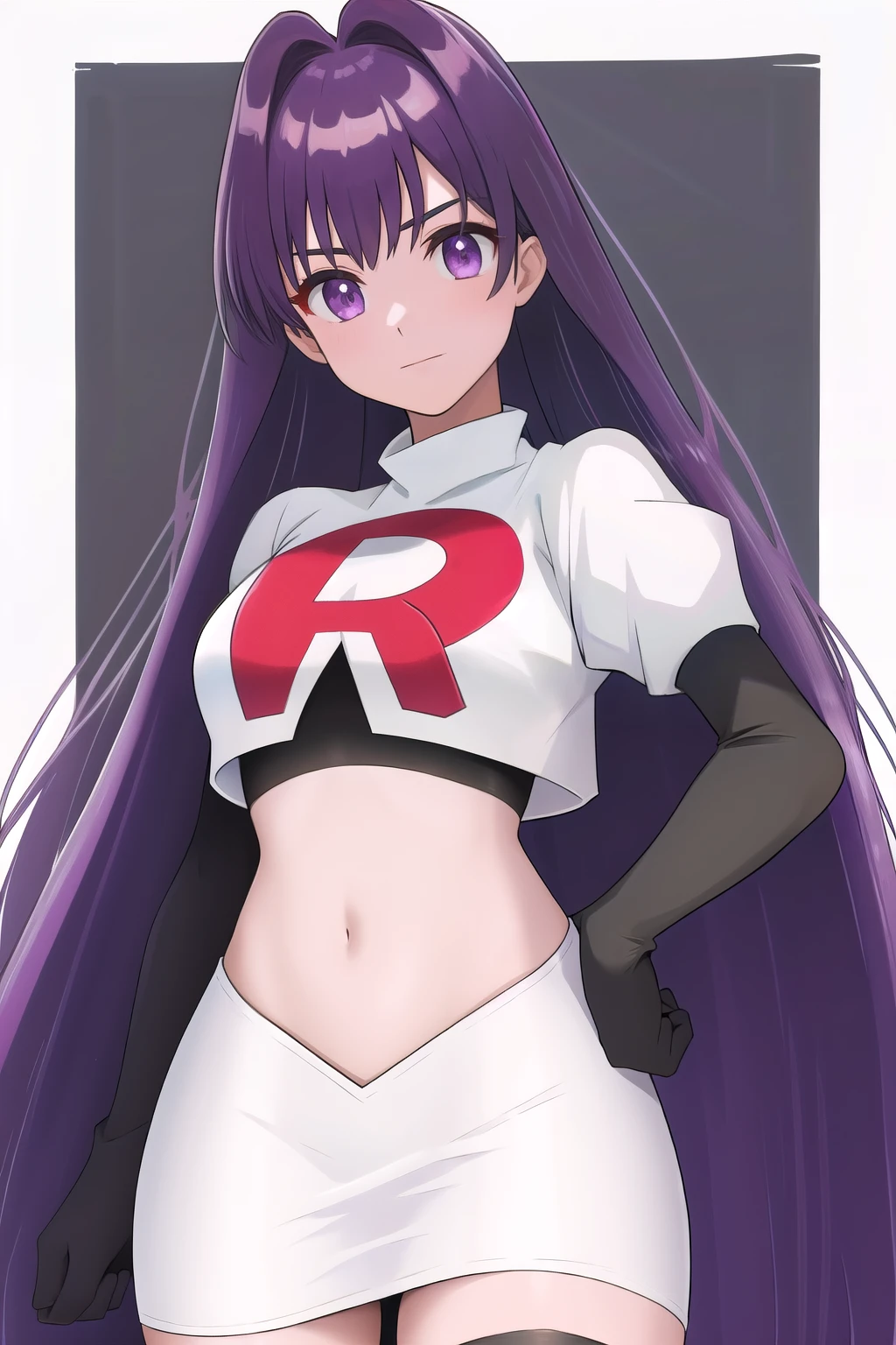 veyle_engage, 1girl, purple eyes, solo, team rocket,team rocket uniform,white skirt,red letter R,crop top,black thigh-highs,black elbow gloves