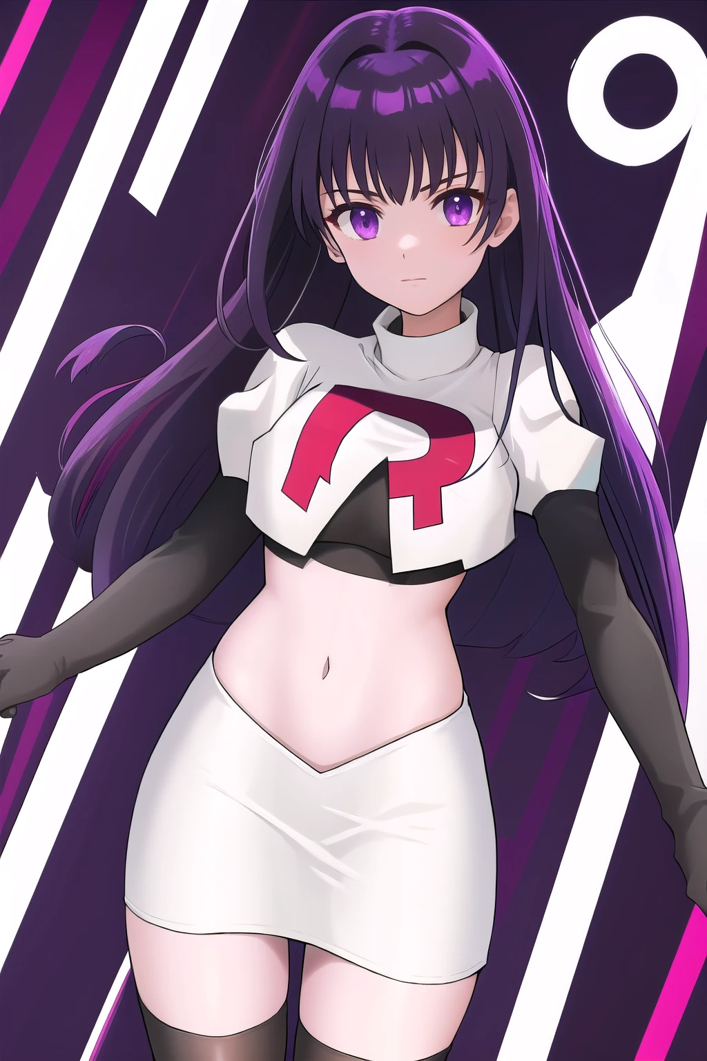 veyle_engage, 1girl, purple eyes, solo, team rocket,team rocket uniform,white skirt,red letter R,crop top,black thigh-highs,black elbow gloves