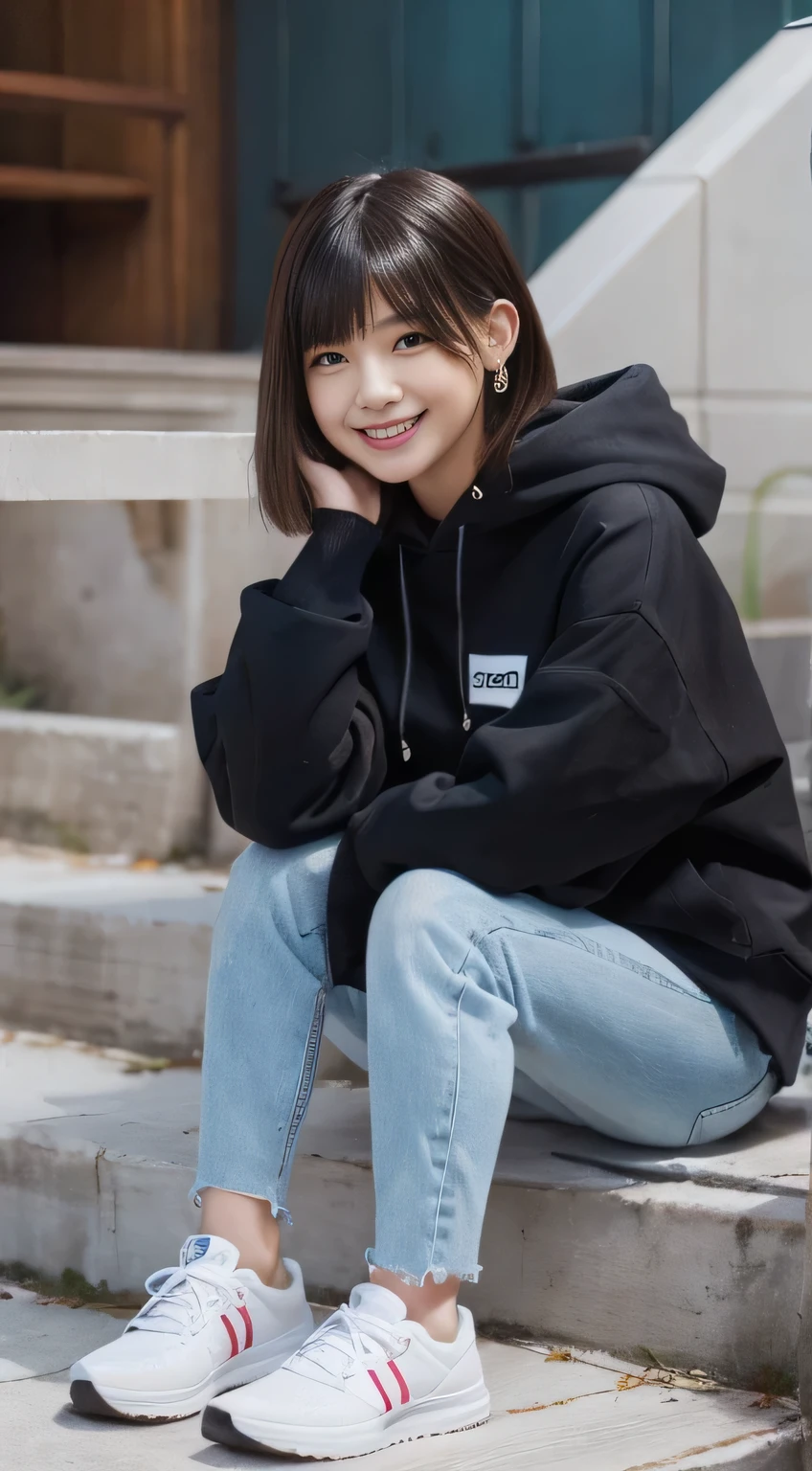 highest quality, Realistic, Very detailed, Finer details, High resolution, 8k wallpaper, One beautiful woman,Sit on the stairs、(Wear black socks)smile、(Beautiful teeth alignment、)(Gums are visible) Oversized hoodie, Skinny jeans,( Black sneakers)、Black Hair、 Beautiful Bangs、ear piercing、Perfect dynamic composition, Beautiful and detailed, Full Body Shot, A big smile