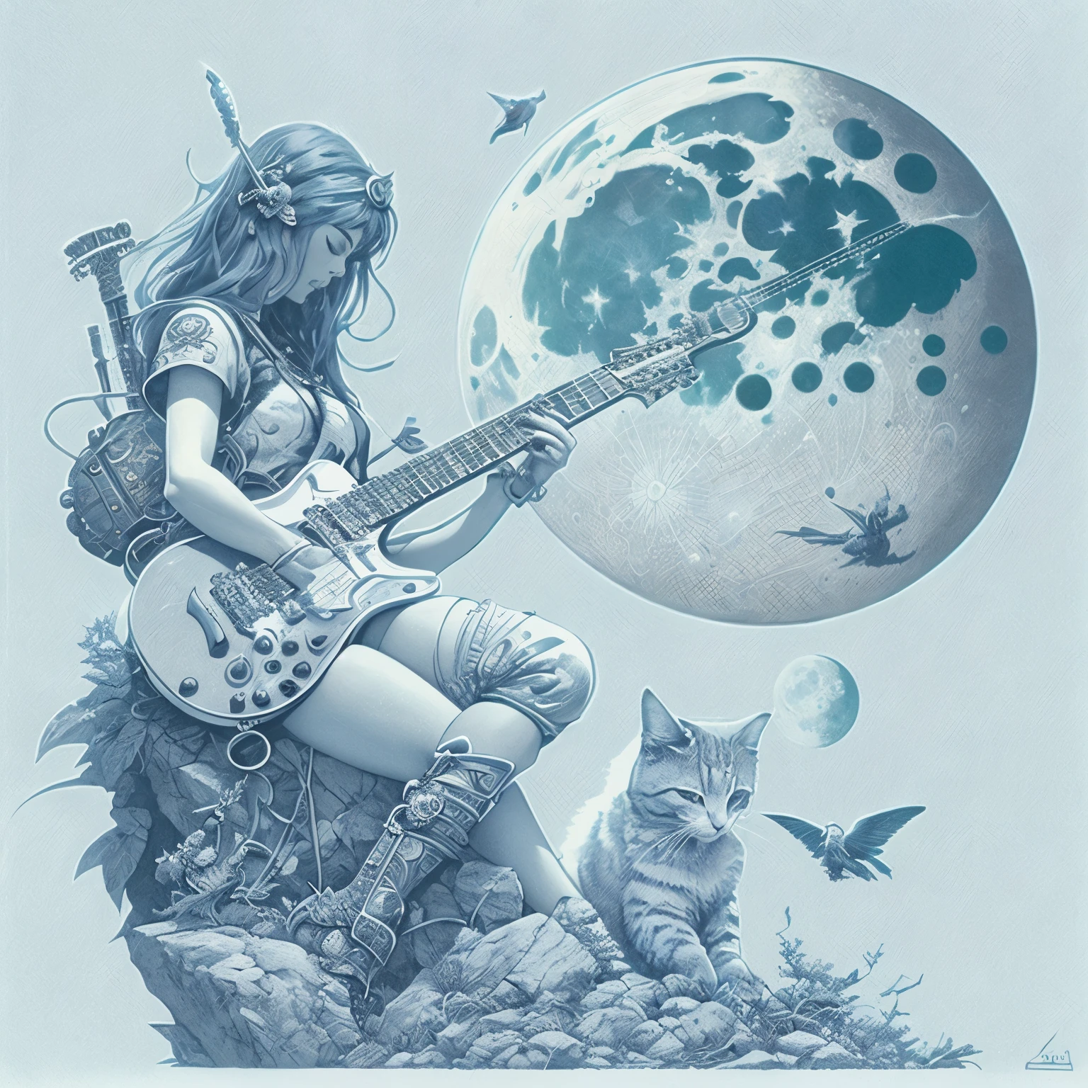 There is a woman sitting on a rock with a guitar and a cat., Hajime Sorayama Aaron Horkey, Karol Baque and Peter Morbacher, Moebius e Mohrbacher, William H.. Pongilppi, Moon Goddess, Moon Goddess, Moon Goddess, Aaron Horkey, Moebius + Barbaric + Wow, director: Dennis Eden