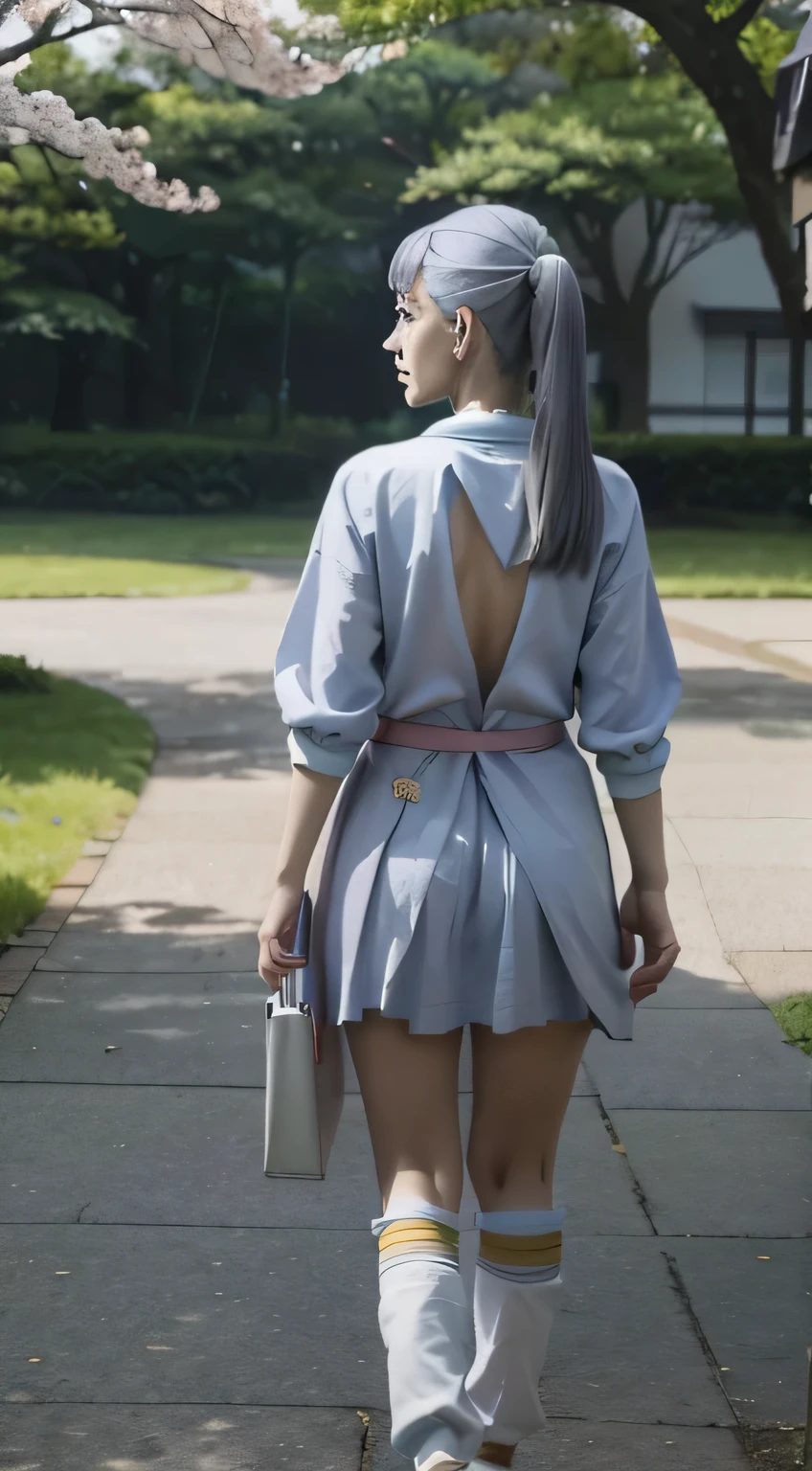 1girl, girl with blue white hair, wearing blue t-shirt, walking toward, sakura tree around her, from back, back view, 8k, ultra detail, masterpiece.