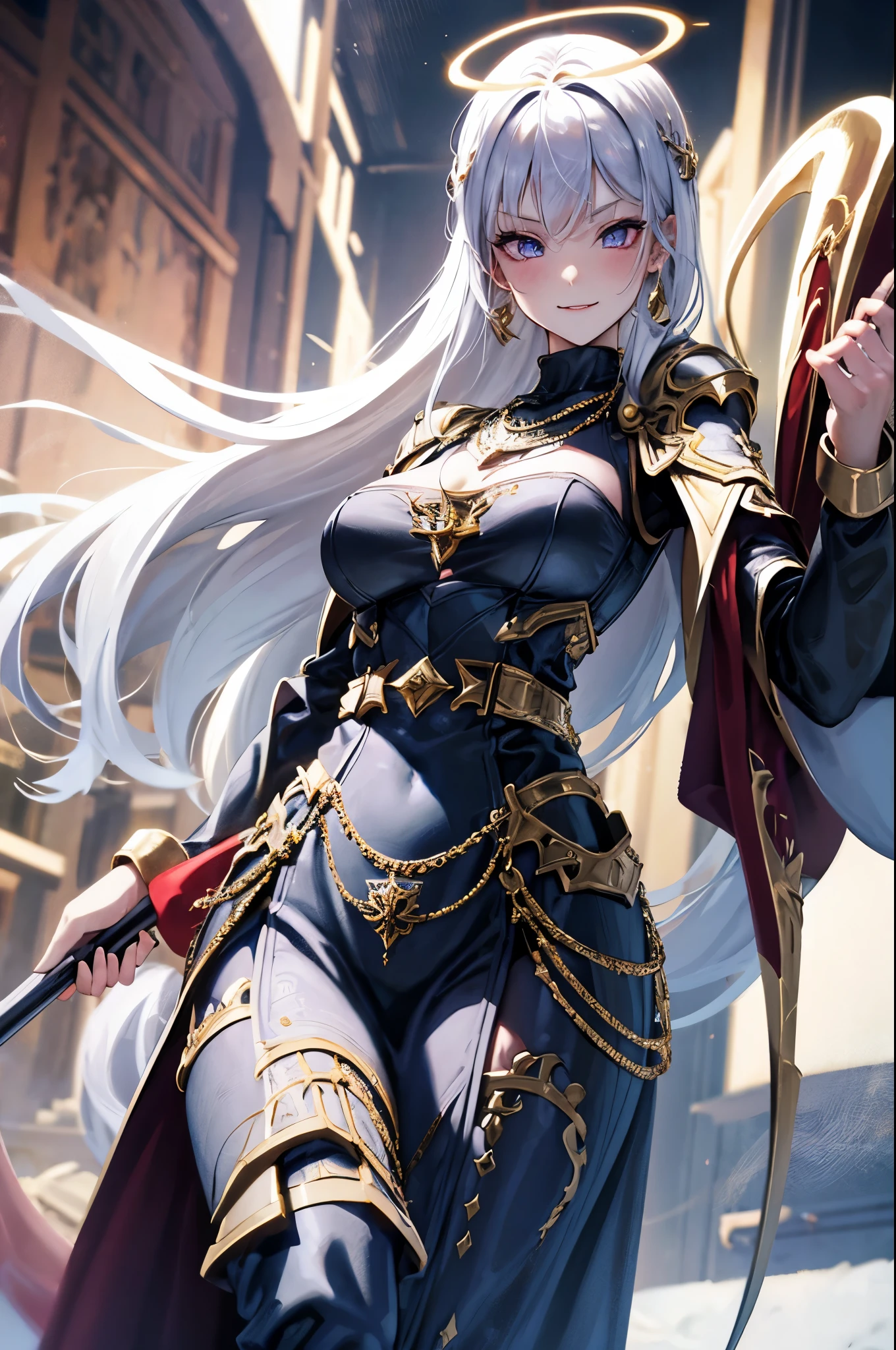 Idol style，Succubus，Inflatable Doll， Advanced art style，works of masters，16K，HD，Scary smile，silver hair，noble，Mink scarf，crutch，full-body shot，golden light，Advanced Cape，necklace，belt，blush，halo，Sexy figure，Lower chest display，Divine Light，Film light and shadow，Domineering，The King&#39;s Aura，arrogant，Reduce clothing fabric，Details of the face，looking down，saint，perspective，Bandage wrap around the chest，Tattoo on the chest，Fallen，dark，bicolor hair，earrings，ambiguous，Shining star eyes，Special skill，Advanced special effects，perfect waist to hip ratio，elf earurderous，headgear，HP recovery effect，Bachelor, blindfold