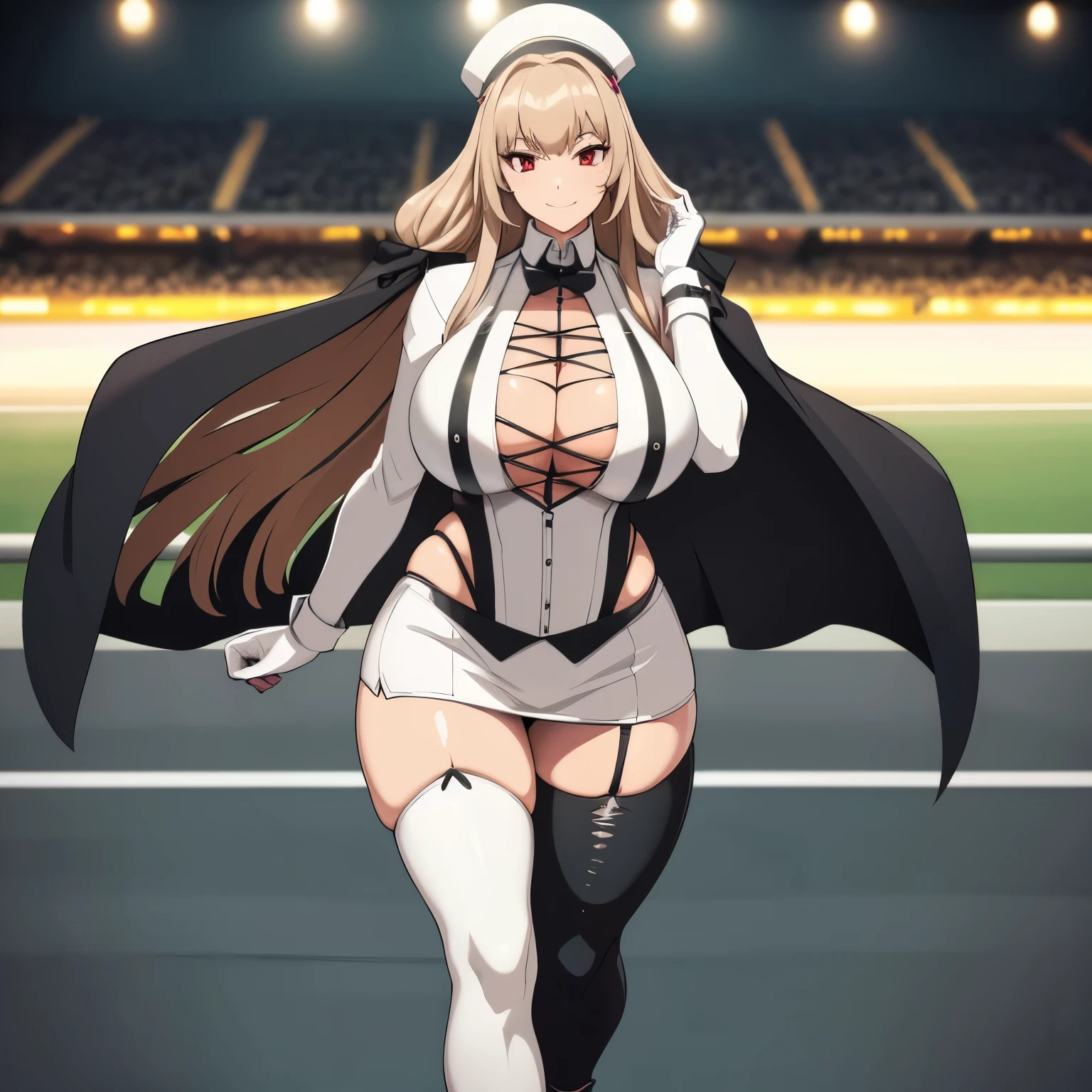 A woman wearing a black and white checkered race queen outfit, white skirt, long black socks, wearing a white leather cape, black heels, red eyes, light beige hair, loose hair, wearing a checkered hat, walking in pants on a racetrack, full body, big breasts, smiling, white gloves. illuminated place.illuminated place., bokeh effect, atmospheric perspective, 8k, super detail, accurate, best quality, award-winning, textured skin, high resolution, anatomically correct (solo woman)
