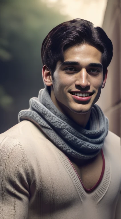 ((male only)), (Headshot), (Direct vision), (Wearing a white knitted scarf around the neck), ((Pietro Boselli)), (Handsome muscular man in his 30s), (A big smile), (The trees have turned red), (detail: 1 in 1), Natural Muscle, high quality, beautiful eyes, (Detailed face and eyes), (Face、: 1 / 2), noise, real photography、... ...................................................................................................................PSD, Clear focus, High resolution 8K, Realist & Professional photography, 8K Ultra HD, soft light, high quality, Film Grain, Fuji XT3