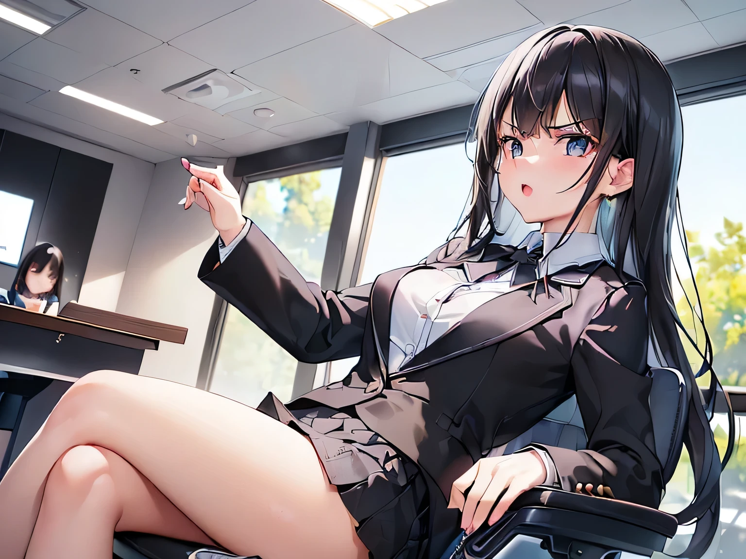 (Masterpiece, highest quality, high resolution, realistic photos, realistic looking skin:1.1),
(Woman sitting cross-legged in office chair in office:1.8),
(Her skirt is so short you can almost see her panties: 1.8),
(She looks happy:1.5),
(She is wearing a gray mini skirt and a gray blazer suit: 1.5),
(She is wearing a V-neck T-shirt under the suit:1.5),
(She is wearing pumps:1.5),
(panties with black pattern: 1.5),
(She has long black hair:1.5),
(The location is an office chair in an office:1.5),
1 Japanese girl, solo, full bodied esbian, beautiful eyes, glowing eyes, glowing thighs, NSFW
