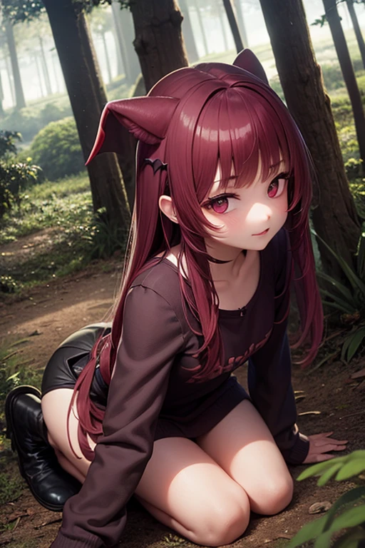 una vampiro en un bosque aterrador con poca ropa y con una chica furry