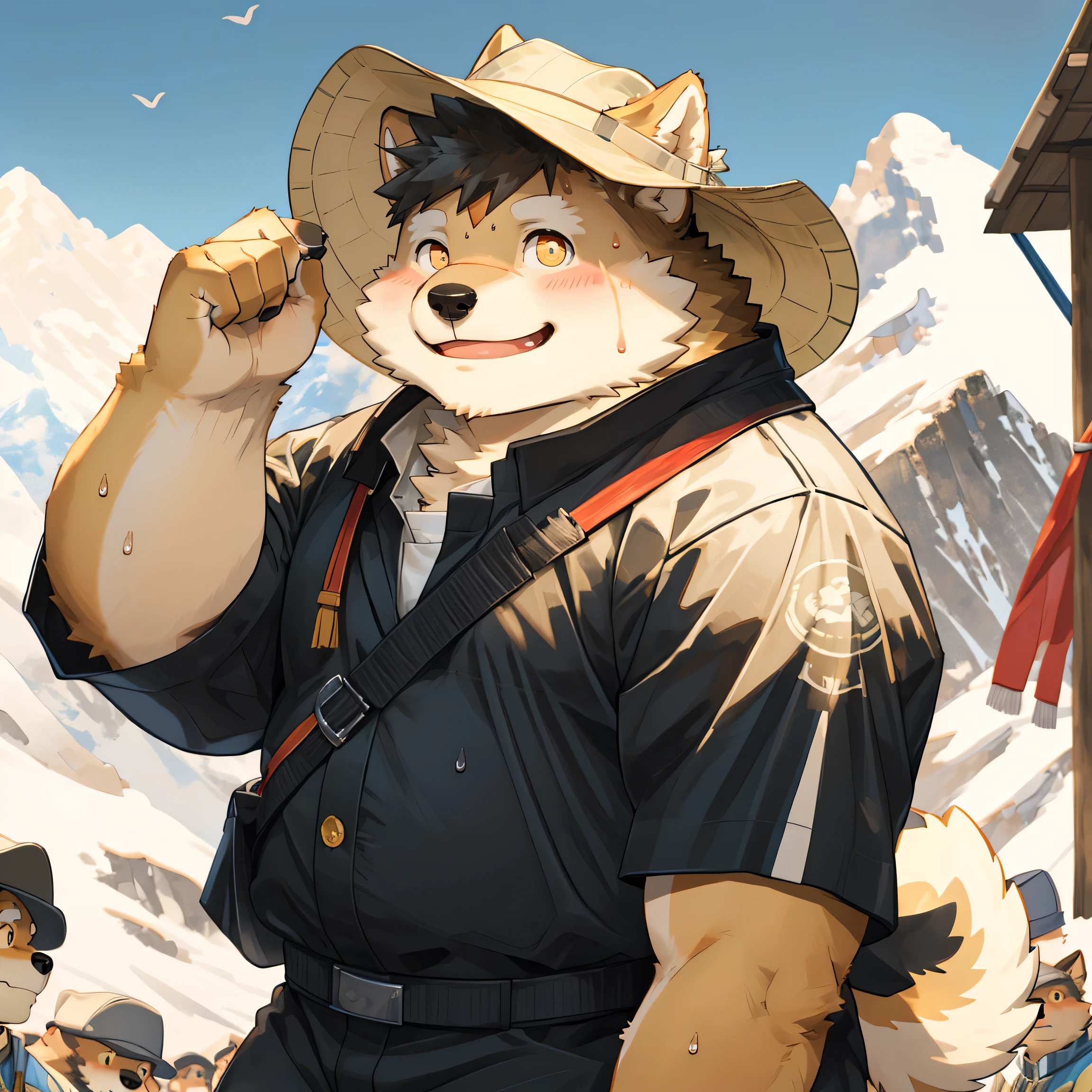 masterpiece, best quality, 8k resolution, Very detailed, hairy，Shiba Inu，Black hair，yellow fur，Chubby，Golden Eyes，Chubby face，Smiling，portrait，Blushing，Mountaineering clothing，climb mountains，Facing the audience，Highest quality scene，under the mount Fuji，sun hat，Solitary，solitary，Upright，Lovely，Sweat