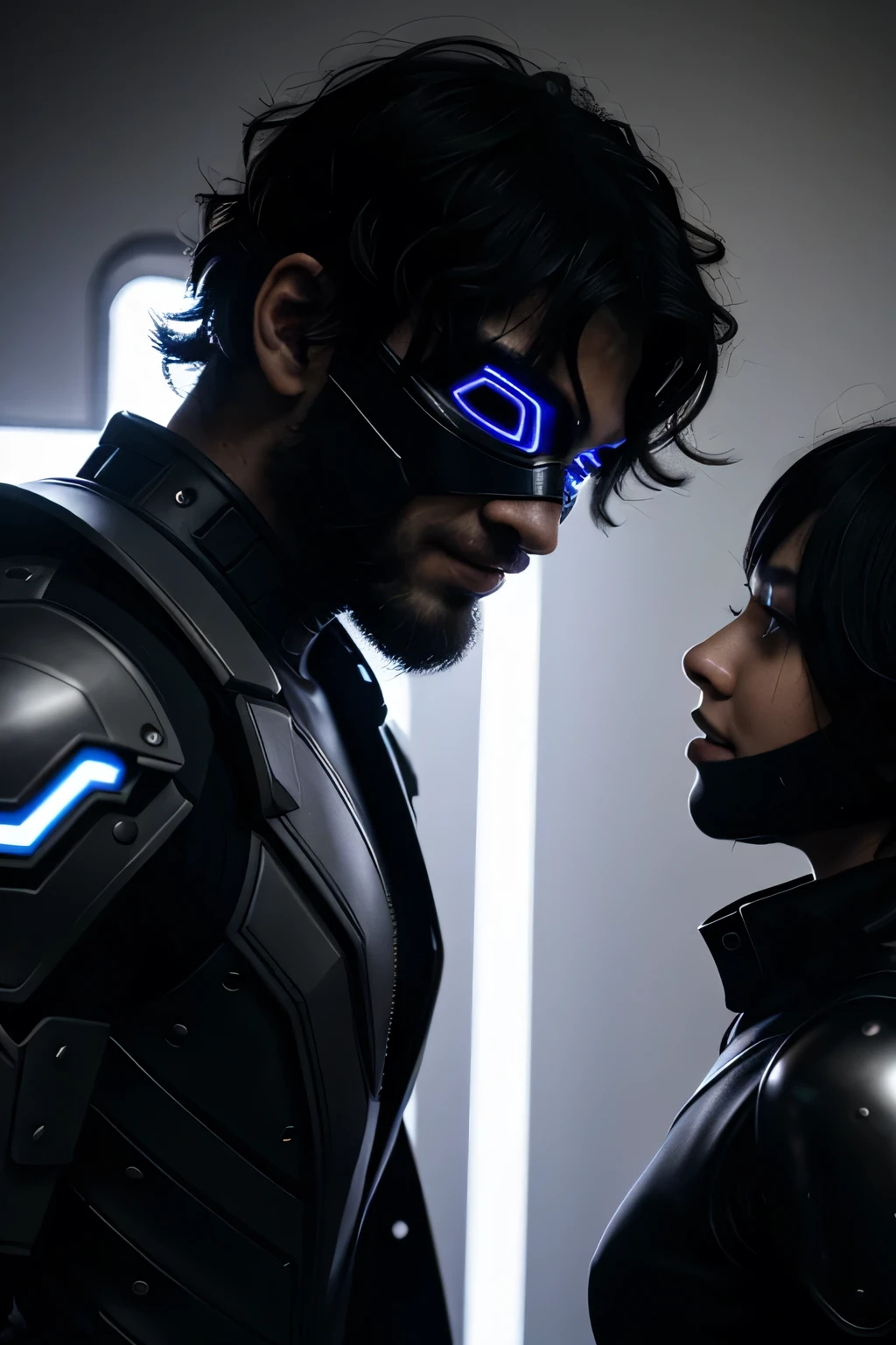 A young adult man with a beard and short, curly black hair with a gradient, He is wearing a dark gray futuristic superhero armor with blue LEDs, he is wearing a mask with the same color as the armor that covers part of his eyes and part of his exposed face and hair and also wears futuristic bracelets and a blue cape; the environment around you is a burning cyberpunk city; and he is fighting another person using a smiling LED mask, futuristic clothes and has a baseball bat in his hands