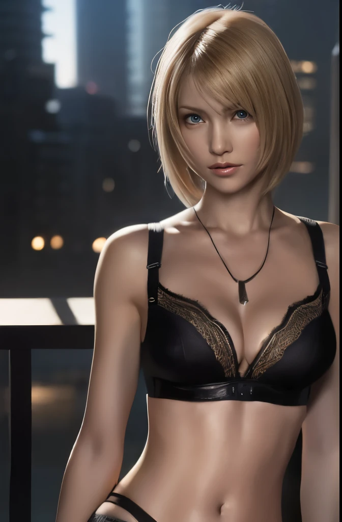 ayabrea, 1girl, solo, (String-like,Belly button,bra)、(black,thong), necklace, looking_at_viewer, realistic, upper_body, (masterpiece:1.2), (best quality), (ultra detailed), (8k, 4k, intricate), (highly detailed:1.2),(detailed face:1.2), (city background),blond short hair