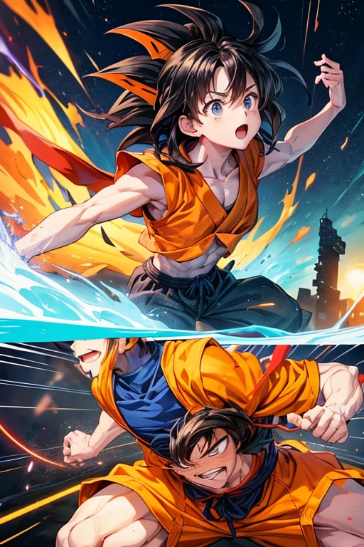 Illustrated cartoon Dragon Ball Goku and Dar manga series in vibrant and creative irregular slanted manga grid. Each grid contains an independent storyline, Start from the upper left corner，End at the lower right corner. Grids sometimes overlap or are placed diagonally to add visual tension. in some key plots, The character will jump out of the screen，Enhance the dynamics of the story. For example, The protagonist may jump from one grid to another while escaping, or in a battle scene, Actions may extend beyond the bounds of the grid. The background and situation of each grid gradually changes according to the development of the story., From city chase to secret base infiltration, and eventually move towards. Distinctive overall style, Bright colors，Rich expressions and movements. Leave conversation blank，Fill it out later，Let the audience imagine what the conversation would be like.

 

