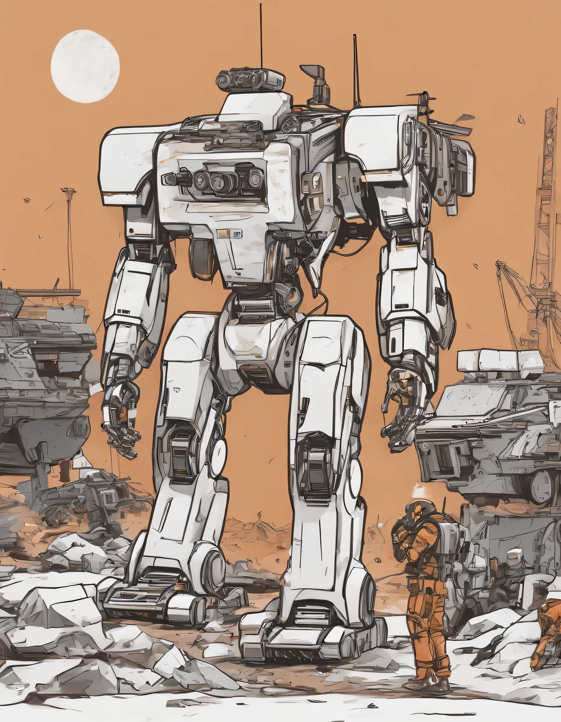 /Imagine Prompt: Military Robots, Finland, Illustration on the front、White sticker on background, Bold Outline Style, Jagged Edges, Garbage Core, Light Shadow - V 5.2