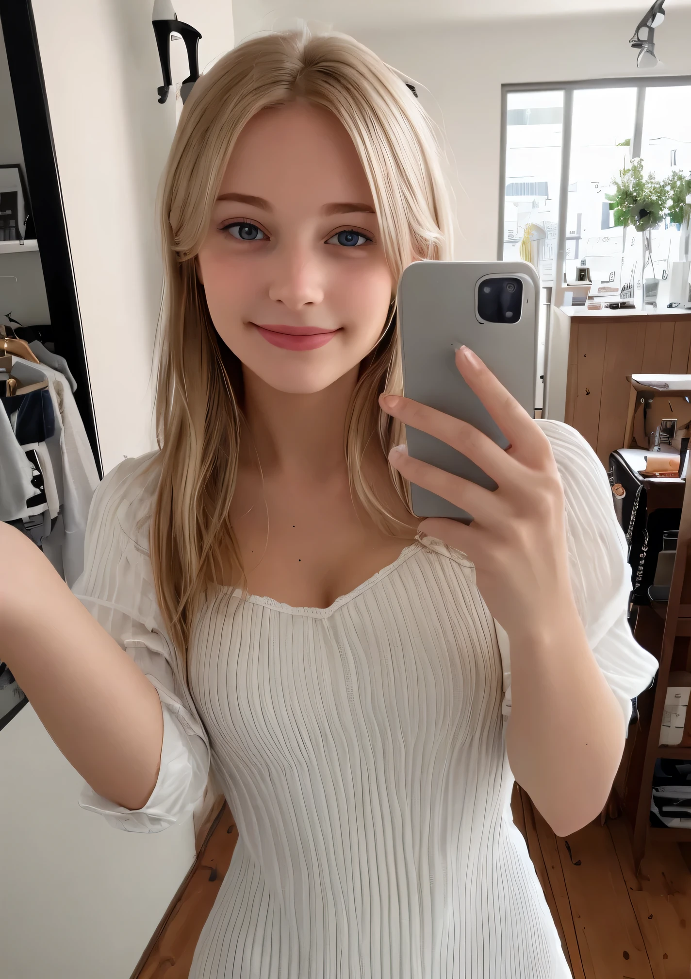 uma mulher, americana, 25 anos, pale skin and freckles, olhos cinzas, nariz delicado, soft and delicate lips, longo, cabelo blondie longo e ondulado na altura da cintura, sorriso meigo, face with delicate feminine facial features, altamente renderizado