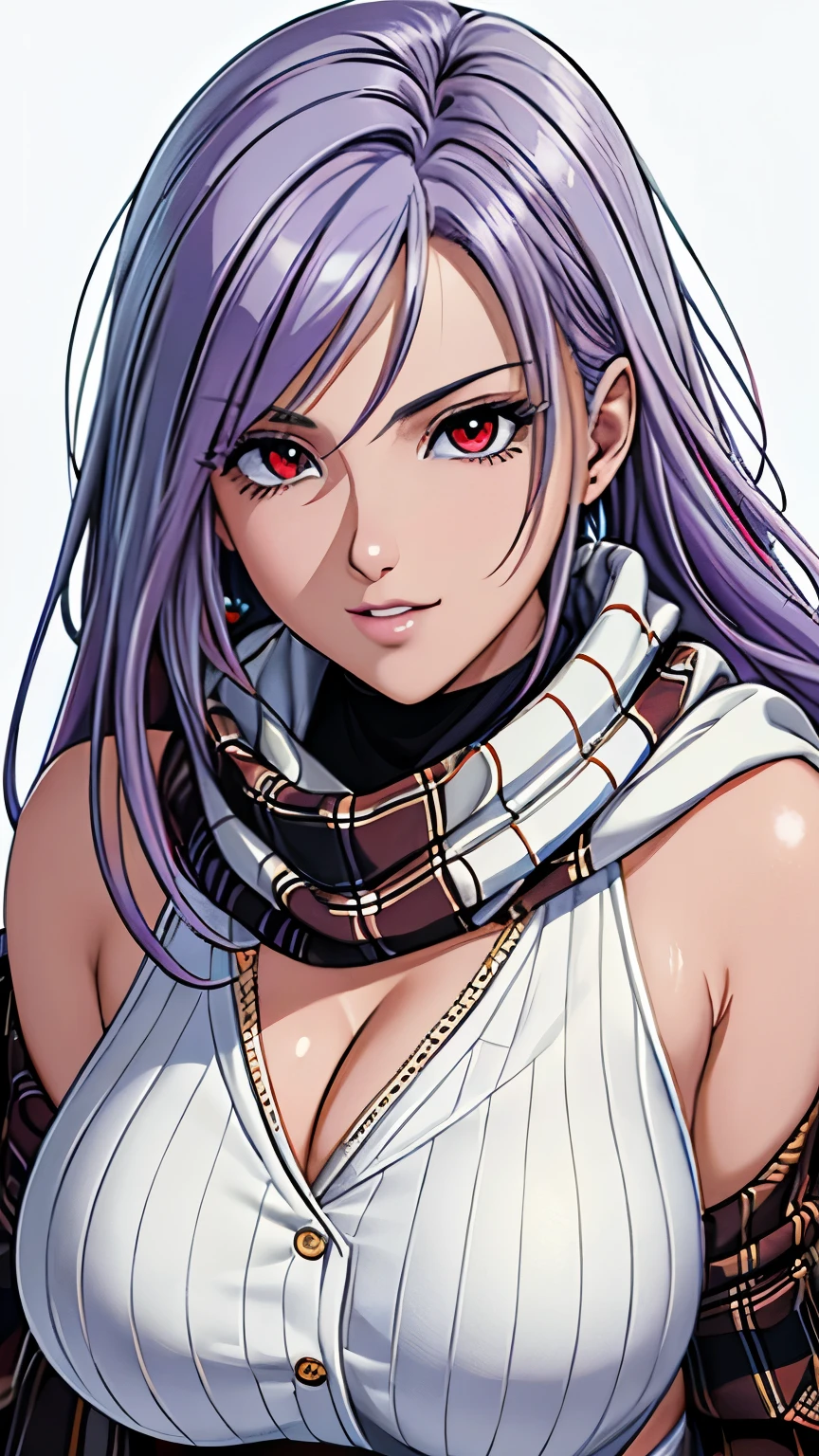 red eyes with slit pupils, (highest quality, masterpiece painting:1.3), immature woman, , (half body shot), masterpiece, ultra high resolution, (Photoreal:1.0), ((light purple hair)),straight hair, beautiful shining hair, white and shining skin, ((Ultra realistic details)), octane rendering, highly detailed face, (big breasts:0.8), (make a heart with hands), Blanket Scarf Wrap, A large, cozy blanket scarf in a plaid or checkered pattern, Wrap it around your neck or drape it over your shoulders for warmth, Style with a chunky knit sweater, skinny jeans, and knee-high riding boots for a cozy winter look,, open neckline, cleavage, perfect body, soft skin, White cherry blossom embroidery pattern, silver earrings, (pure white background:1.4), sharp focus, intricate details, professional artwork, (bright colors:1.1), bright colors, diffused lighting, digital blending, ultra-definition body, ultra detail hair, super detailed face, trending on pixiv, top button open, Cute gaze, compensate, perfect lips, perfect compensate, Ultra-precision coating, (light_smile:0.8), 