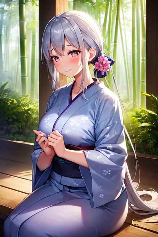(high quality, High resolution, Fine details), Light shining through the bamboo forest, Indigo Kimono Break, alone, Curvy Women, Gray Hair, Sparkling eyes, (Fine grain:1.2), smile, blush, Sweat, Oily skin, Shallow depth of field, Soft pastel colors, Peaceful tranquility