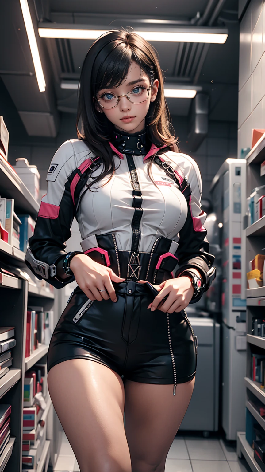 (masterpiece, highest quality), One girl, Black Hair, Glasses, cyber punk, alone, Waist high, Sexy Appearance