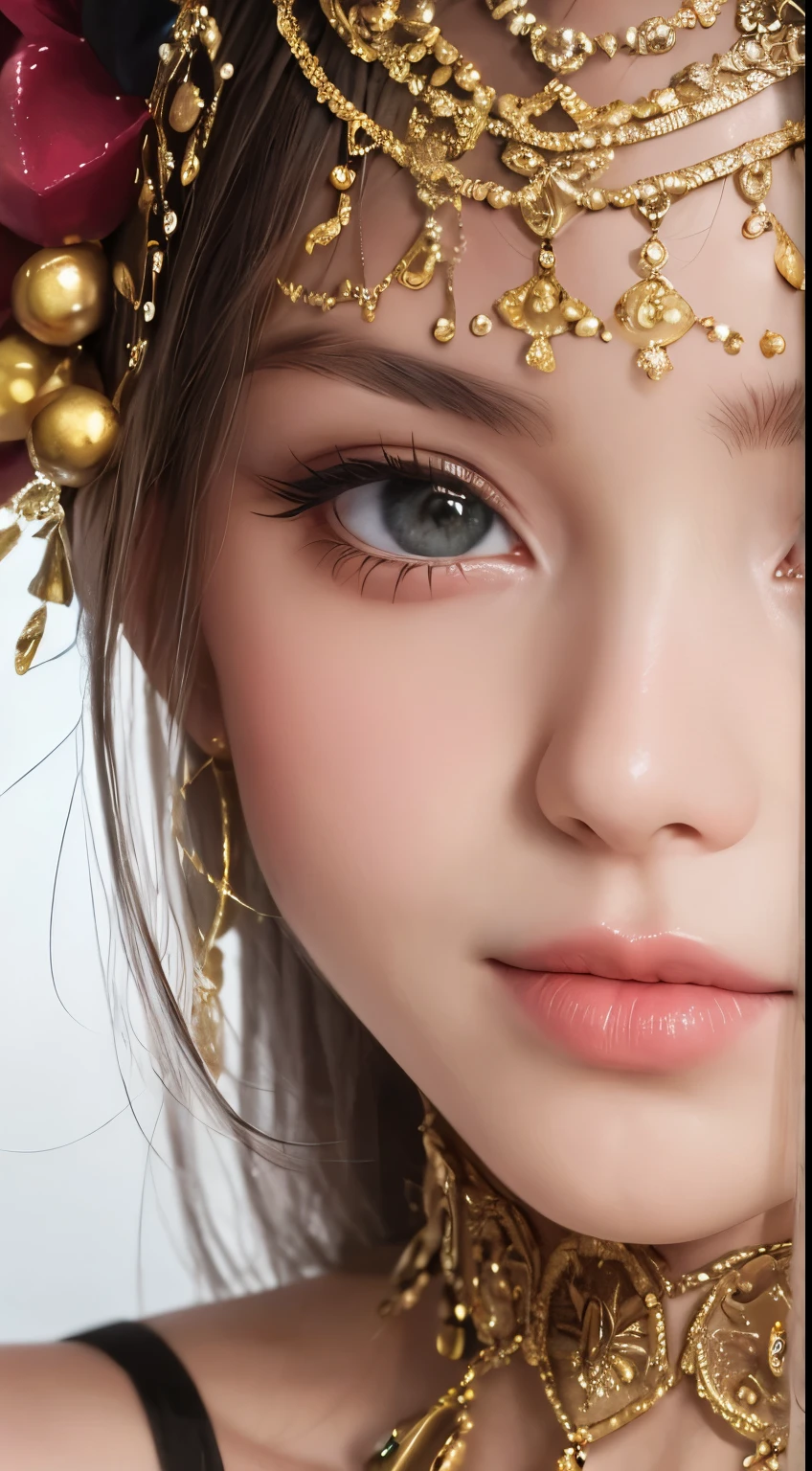Close-up of beautiful woman&#39;s face, Captivating look, Sharp Face, blue eyes,Red lips, Great artistic look,Water splashes on her face, Super detailed, Perfect composition