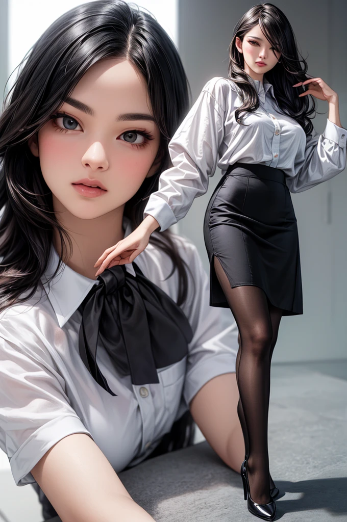 the prettiest face of a 24 year old actress, perfect propotions of a female body, blazer is worn on shirt, opened two pairs of labia, hands are off vagina above anus between opened legs, fingers are off clitoris, female pubic hair, sitting on a desk chair in office, nsfw, best quality, highly detailed, masterpiece, ultra high res, photo realistic, 8k