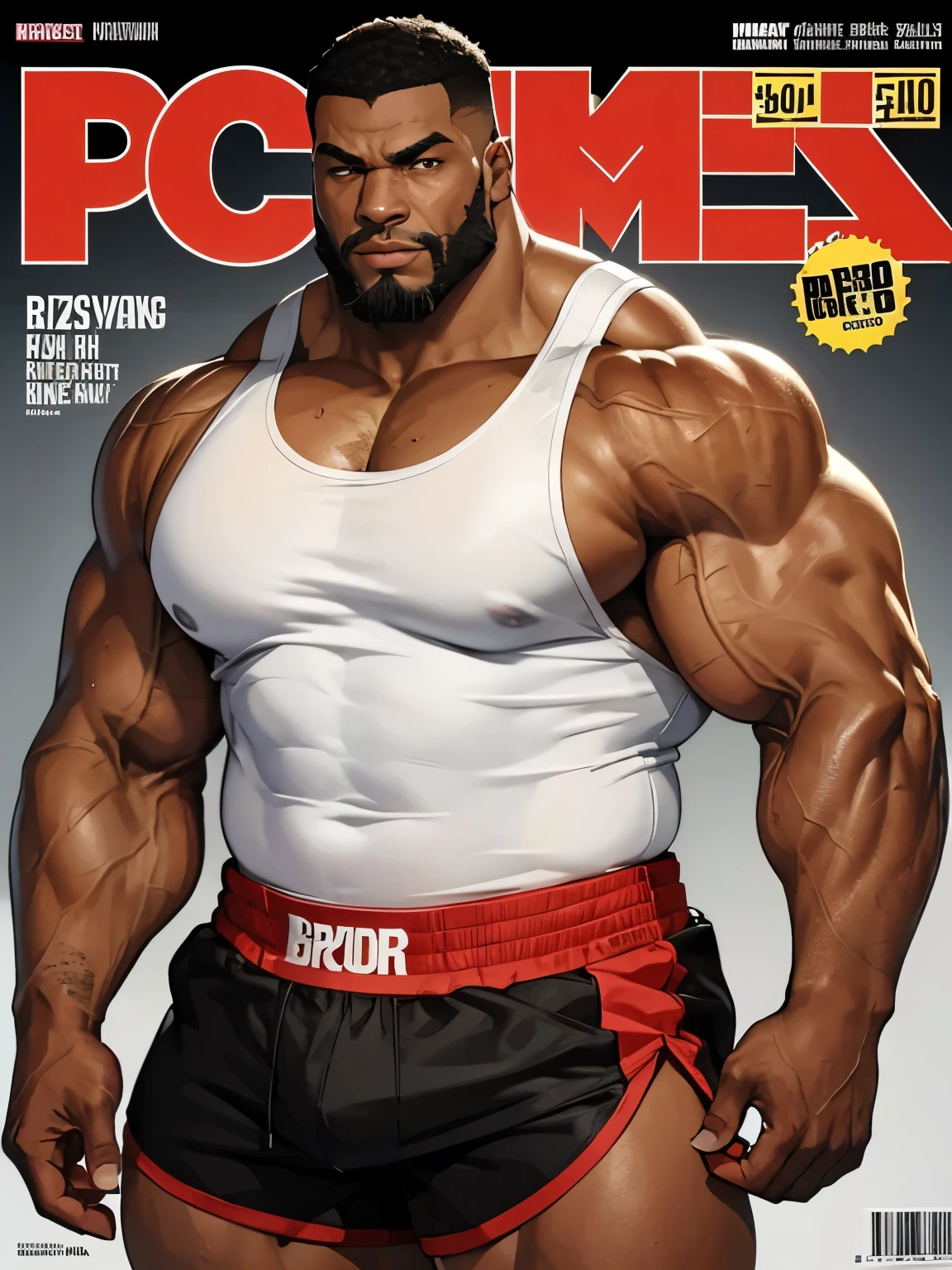 (magazine cover), with text, solo, 1boy, (Huge Muscular black man as a boxer , wearing tight shorts, and tank top) (buzzcut hair), pectoral, abnormal muscle size, very big muscle, absurdly muscle size, huge pectoral, wide pectoral, (bara pecs: 1.3), short bearded, simple background, masterpiece, high detailed, 8k, high resolution, --style 250, -- v 6.0