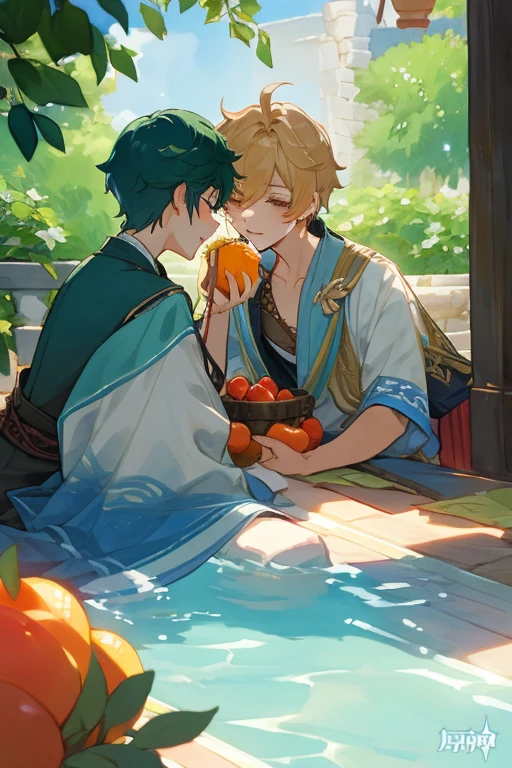 Genshin Impact character a boy feeding fruits to another boy, ambiguous scene, watercolor painting, vibrant colors, soft lighting, detailed facial features, playful expressions, Mediterranean garden setting, summer afternoon, flowing fabrics, teases the senses, subtle sensuality, gentle caress, longing glances, hidden desires, secret rendezvous, stolen moments, delicate brushstrokes, exquisite depth, enchanting atmosphere, dreamlike quality, ethereal vibes, delicate emotions, intoxicating passion, alluring charm