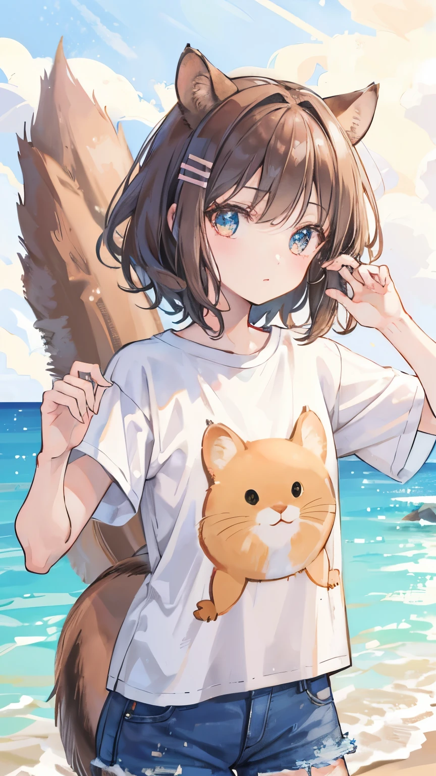 brown hair, medium hair, wavy hair, hairband, squirrel ears, small squirrel tail, Art Deco, sparkle, symmetry, pov, anatomically correct, textured skin, high details, best quality, super detail, ((printed t-shirt)), Hawaii, Waikiki Beach, blue sky, denim shorts