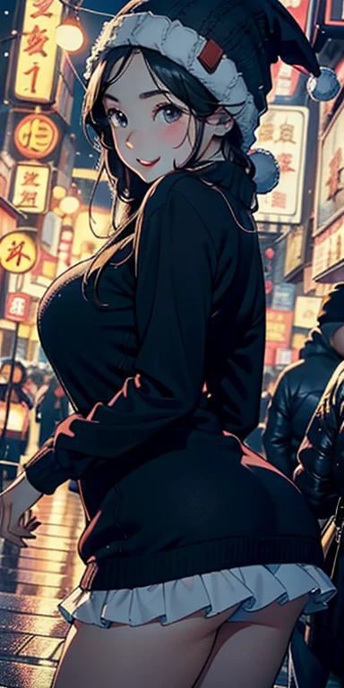 realisticlying、11 year old girl、Super close-up from the ground、Thigh emphasis、Wearing a knitted hat that emphasizes the buttocks、Wearing a ruffled miniskirt、Breasts enlarged、Versatile sexy poses、Face smile、Hong Kong on Christmas Night