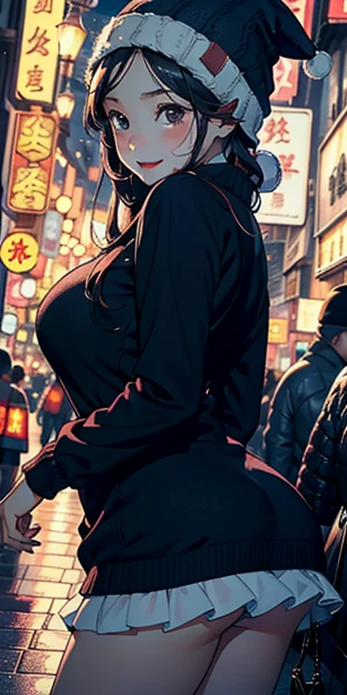 realisticlying、 old girl、Super close-up from the ground、Thigh emphasis、Wearing a knitted hat that emphasizes the buttocks、Wearing a ruffled miniskirt、Breasts enlarged、Versatile sexy poses、Face smile、Hong Kong on Christmas Night