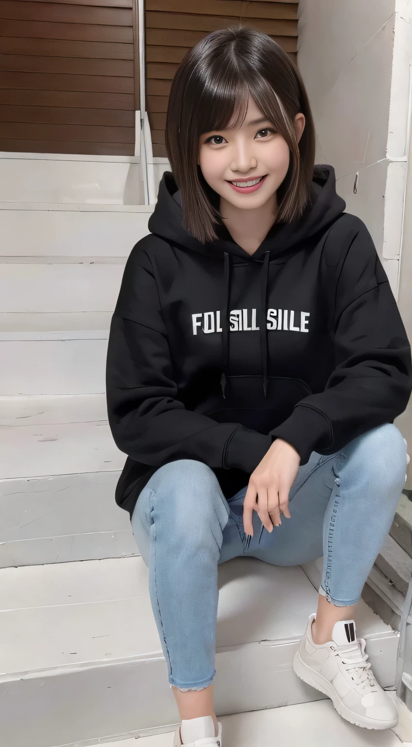 highest quality, Realistic, Very detailed, Finer details, High resolution, 8k wallpaper, One beautiful woman,Sit on the stairs、（Wear black socks）smile、（Beautiful teeth alignment、）（Gums are visible） Oversized hoodie, Skinny jeans,（ Black sneakers）、Black Hair、 Beautiful Bangs、ear piercing、Perfect dynamic composition, Beautiful and detailed, Full Body Shot, A big smile
