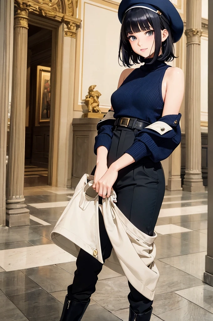(masterpiece, best quality:1.1),popart style,flat color,({Mia},1girl,japanese,,beautiful detailed face,(navy hair-color),((wavy-short hair)),parallel eyebrows,navy eyes with large brown irises,blunt bangs,small nose, fresh lips,small breasts,(5feet tall)), enjoy trip,(Louvre pyramid),France, beautiful detailed scenery,very happy,smile,BREAK Cropped cashmere turtleneck,twill trousers,leather square-toe ankle boots,upcycled wool beret,photographic portrait, sharp,