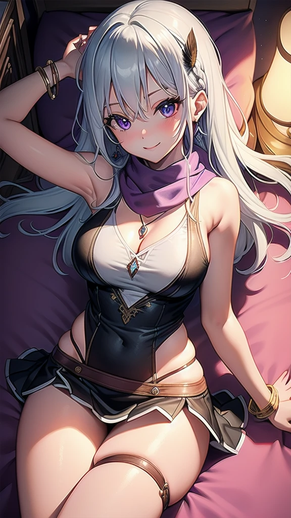 masterpiece, best quality, 1 solo girl, silver hair, purple eyes, long hair, medium breasts, sexy body and face, wavy hair, smile, sleeveless shirt, scarf, black thigh-high, mini skirt, pendant, bracelet, jewelry, earrings, feather hair ornament, book, lying at the bed, night, sexy pose, cowboy shots, detailed body, face, and eyes, sharp focus, vibrant, creative, dynamic, high definition, high resolution, 8k, (Upscale: R-ESRGAN 4x+ Anime6mage enchance:4x), voluptuous body, cinema lightning, dakimakura style, looking at the viewer, single braid