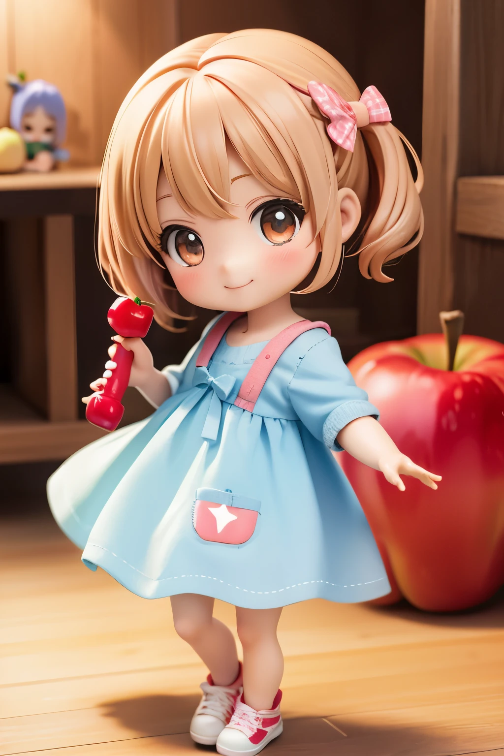 Photorealistic、Chibi Girl Doll（Apple-themed clothing、Have a magic wand、smile）