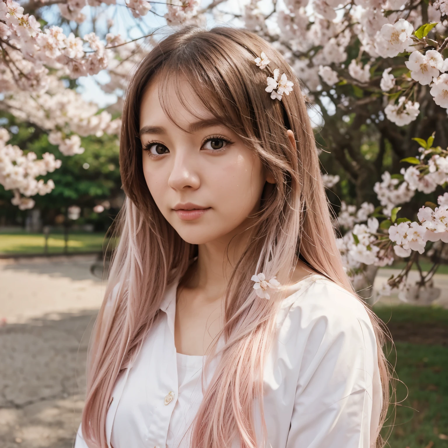white cherry blossoms, light pink long hair, brown eyes, White skin, anime drawing style