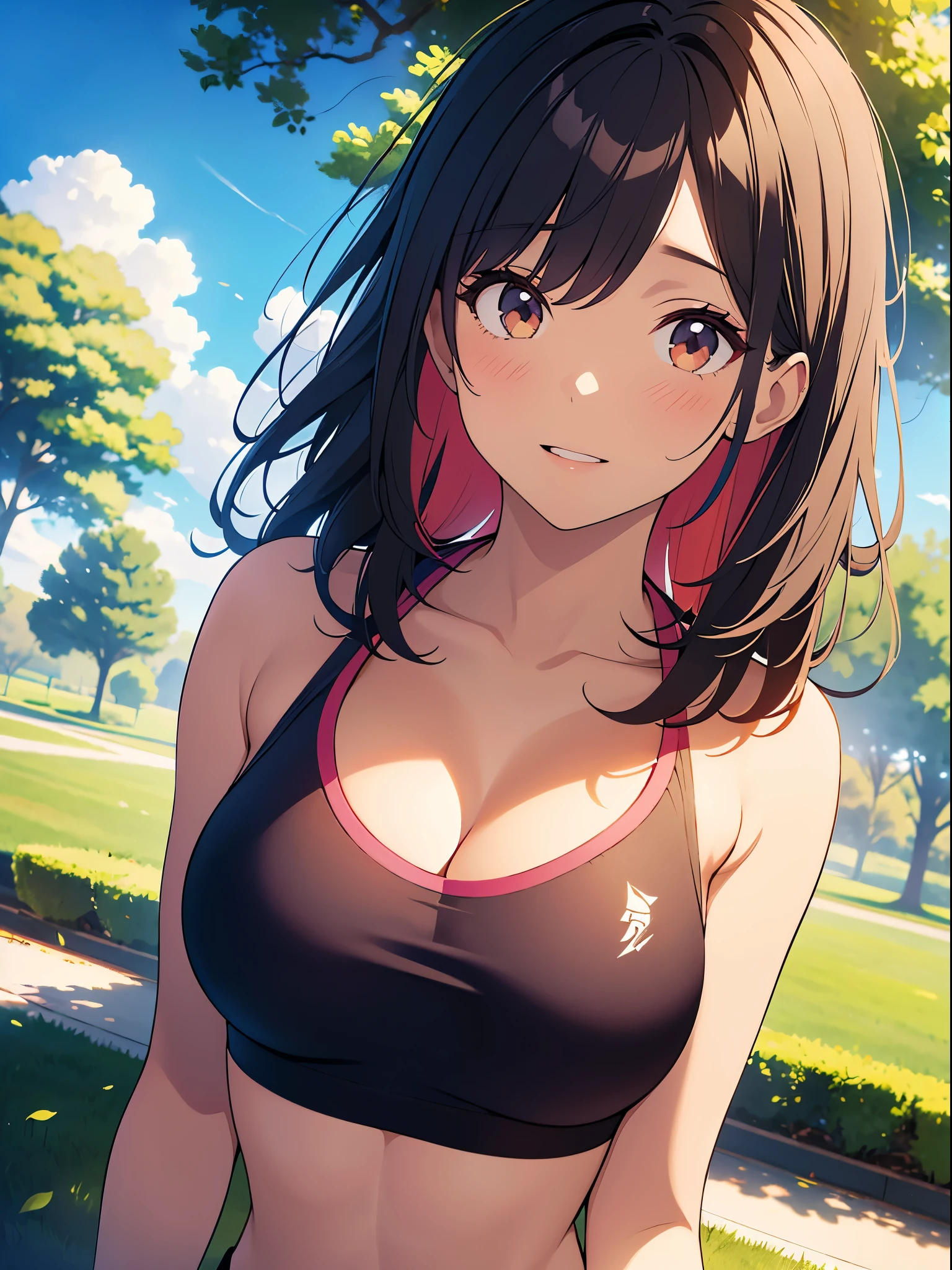 woman, cropped-fc, cleavage, sports bra, detailed face, colorful clothing, park, sky, trees