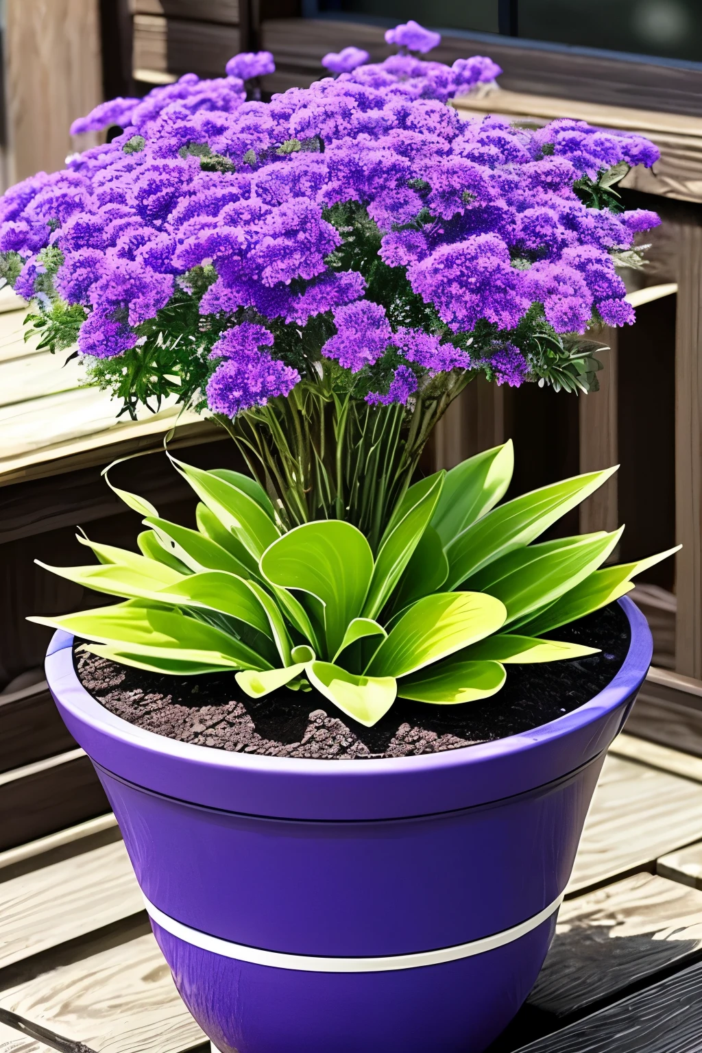 purple flowers in a pot on a patio with a blue planter, purple foliage, blue and purple plants, dark purple tones, some purple, cobalt coloration, violet, dark purple, purple, purples, purple hues, violet polsangi, second colours - purple, more dark purple color scheme, dark purple blue tones, dark purple scheme, violet colors