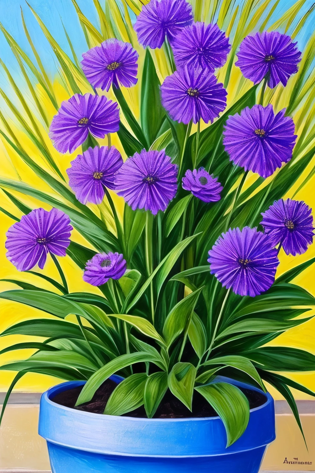 purple flowers in a pot on a patio with a blue planter, a pastel by Ann Thetis Blacker, tumblr, sōsaku made, purple foliage, blue and purple plants, dark purple tones, some purple, cobalt coloration, violet, dark purple, purple, purples, purple hues, violet polsangi, second colours - purple