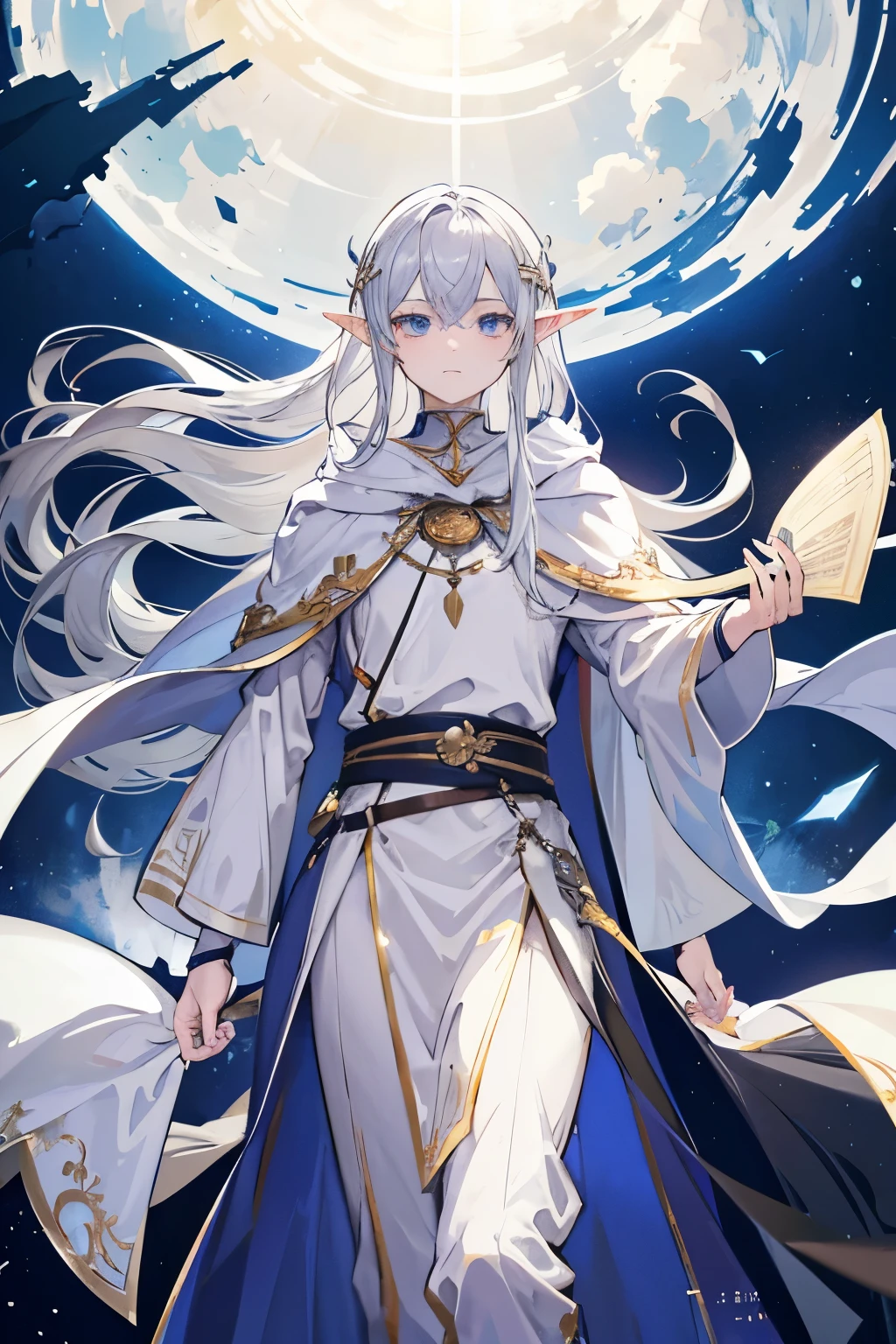 Masterpiece, Excellent, Single, 1 person, male, youth, ager, wizard, slimming, elf, silver hair, long hair, gray pupils, floating ball of light, white robe, robe, relax, desert detailed background