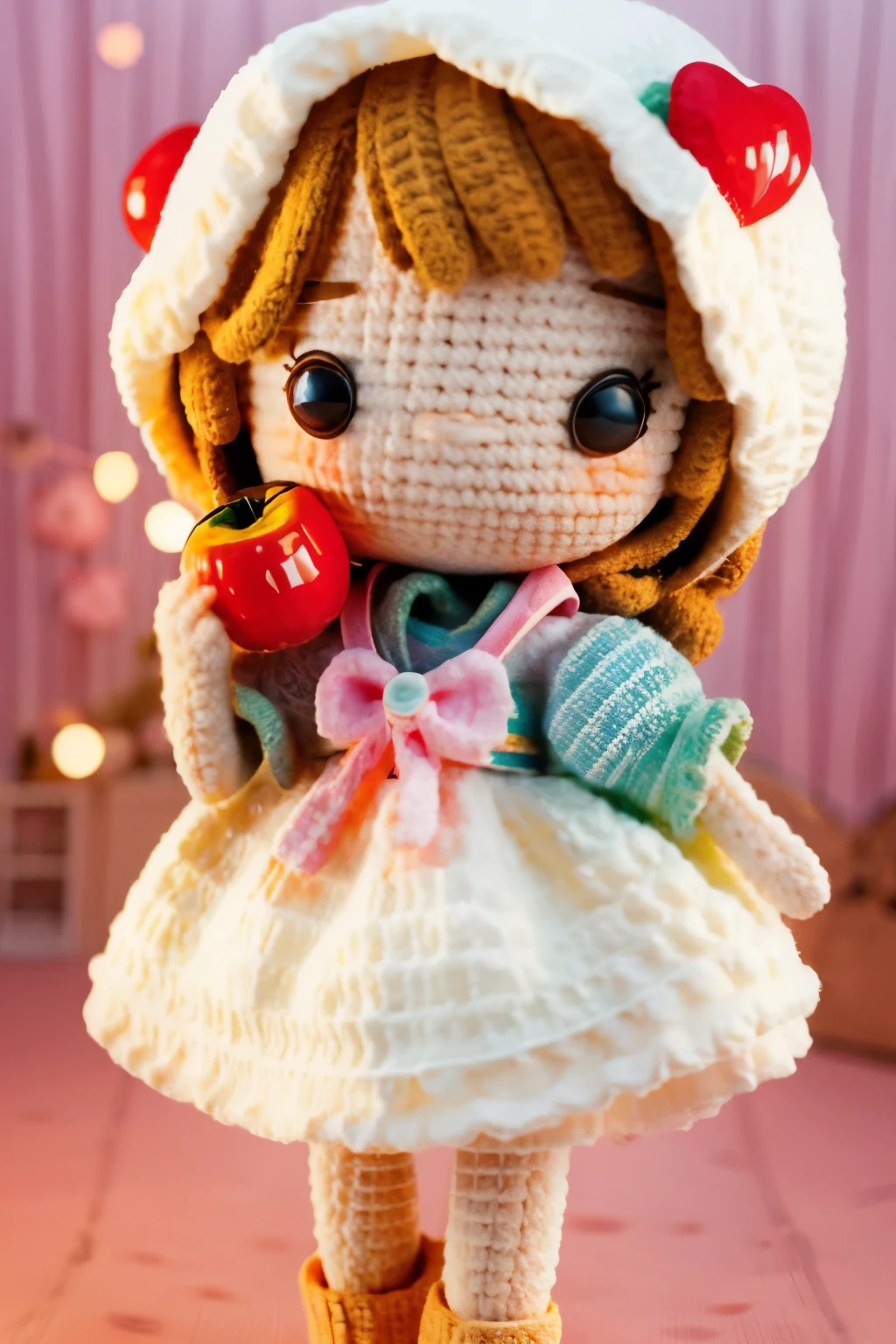 Photorealistic、Chibi Girl Doll（Apple-themed clothing、Have a magic wand、smile）