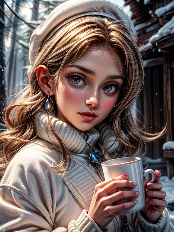 {Julie Dreyfus, linda, neve, frio, cachecol, toca, lareira, big white cup.