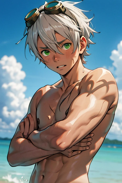 Tied up　string　torture　Fight　Young people　Swimwear　male　Embarrassing　Pull　suffer　thin　Gray Hair　juvenile　anime　Upper body naked　Droopy eyes 　Tea skin　Sunburn　Brown Skin　Embarrassing　Put goggles over your head　Green Eyes