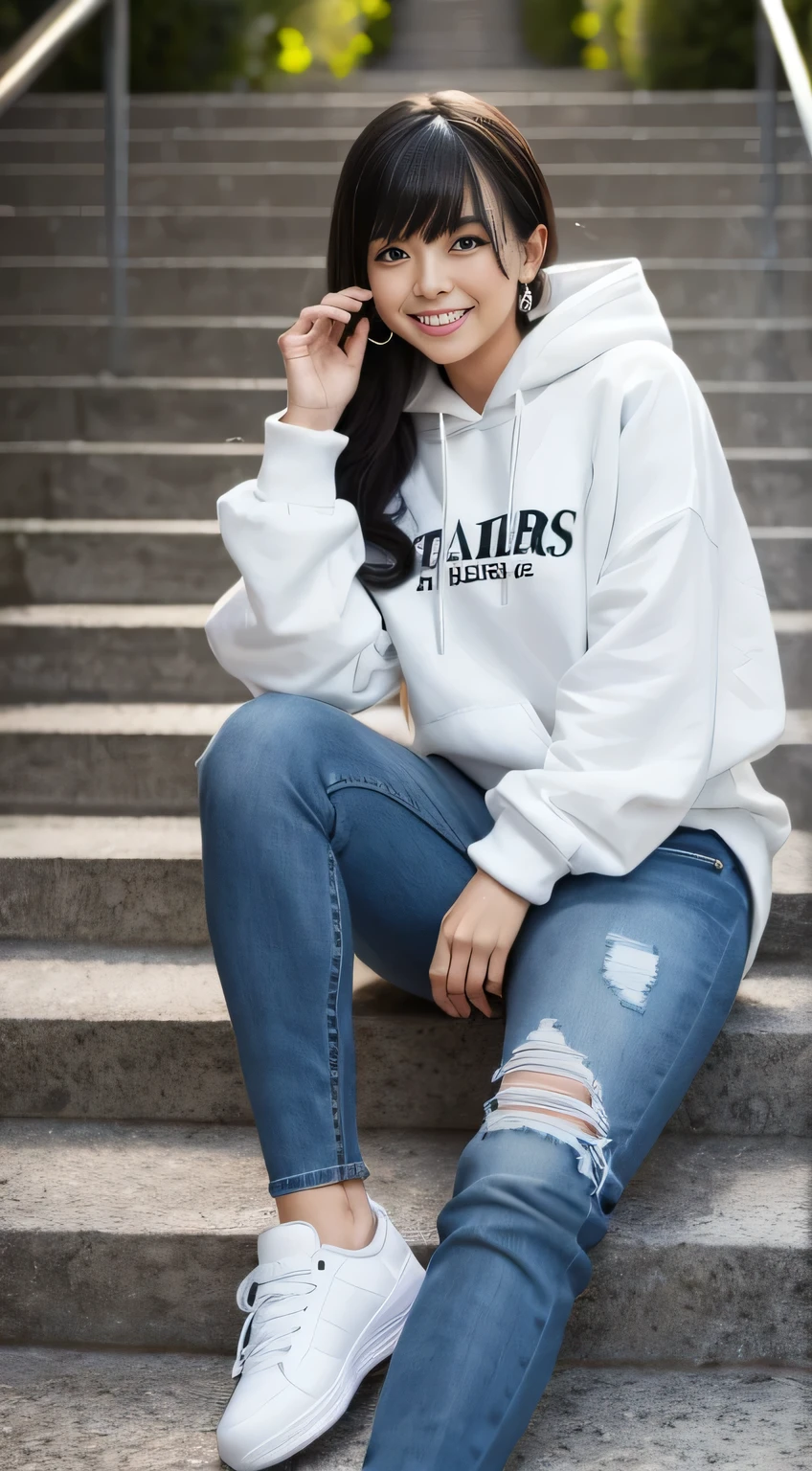 highest quality, Realistic, Very detailed, Finer details, High resolution, 8k wallpaper, One beautiful woman,Sit on the stairs、（Wear black socks）smile、（Beautiful teeth alignment、）（Gums are visible） Oversized hoodie, Skinny jeans,（ Black sneakers）、Black Hair、 Beautiful Bangs、ear piercing、Perfect dynamic composition, Beautiful and detailed, Full Body Shot, A big smile
