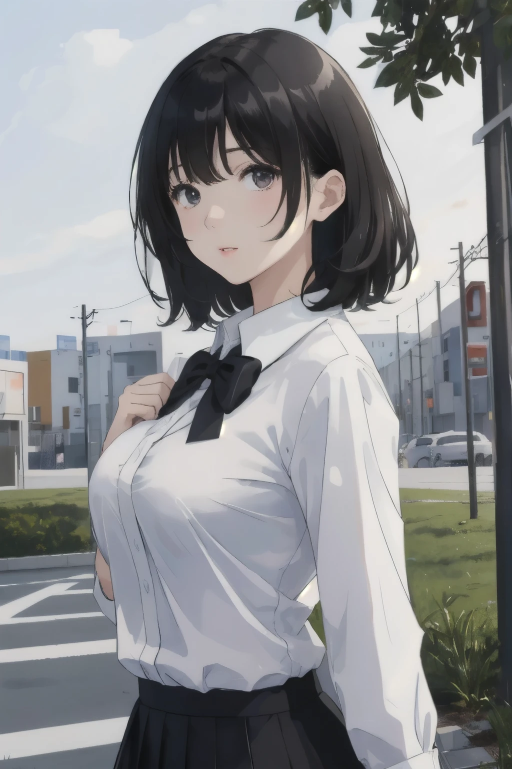 best quality, jk, 1girl, solo, looking at viewer, medium hair, black hair, breasts, closed mouth, white shirt, outdoors, lips, black skirt, black bowtie, upper body, 