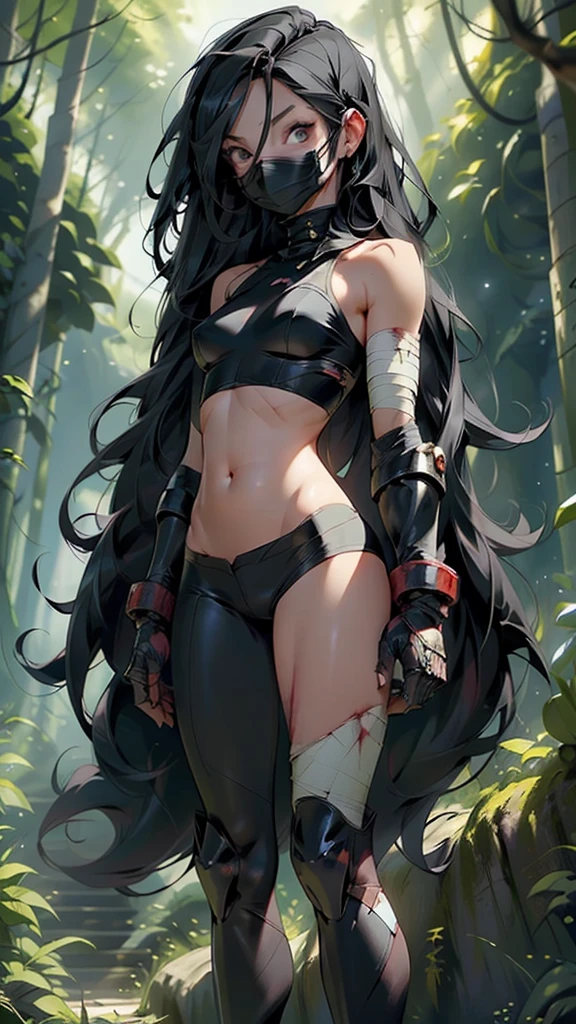 1girl, blood, solo, (very long hair:1.3), (black hair:1.5), hair between eyes, bandages wrapped around breasts, bandages wrapped around hips and thighs, metal gauntlets, metal greaves, sharp claws, mask, evil mask, mask covering face, standing with bloody hands, (depth of field:1.3), scenery, in a forest, black trees, (masterpiece:1.2),(best quality:1.2),newest, ai-generated,((flat chested, flat stomach, baby face)), (intense colors)