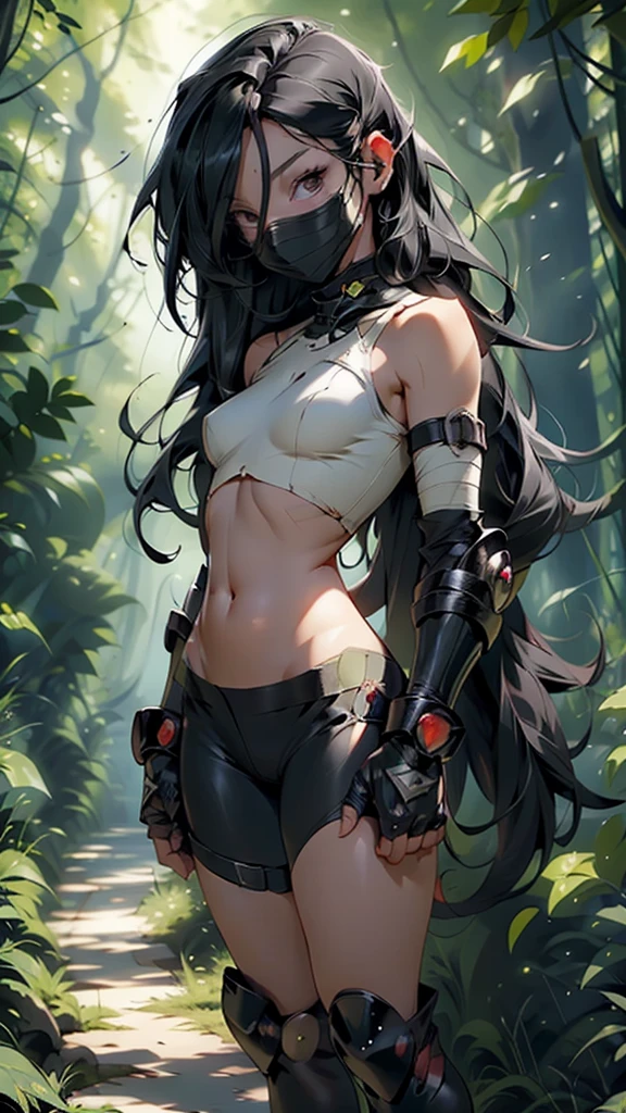 1girl, blood, solo, (very long hair:1.3), (black hair:1.5), hair between eyes, bandages wrapped around breasts, bandages wrapped around hips and thighs, metal gauntlets, metal greaves, sharp claws, mask, evil mask, mask covering face, standing with bloody hands, (depth of field:1.3), scenery, in a forest, black trees, (masterpiece:1.2),(best quality:1.2),newest, ai-generated,((flat chested, flat stomach, baby face)), (intense colors)