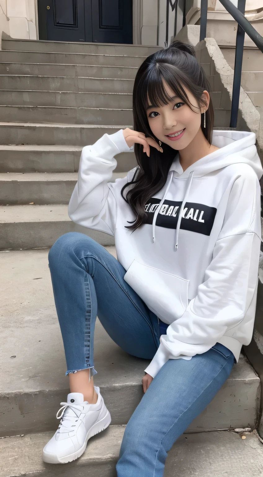 highest quality, Realistic, Very detailed, Finer details, High resolution, 8k wallpaper, One beautiful woman,Sit on the stairs、(Wear black socks)smile、(Beautiful teeth alignment、)(Gums are visible) Oversized hoodie, Skinny jeans,( Black sneakers)、Black Hair、 Beautiful Bangs、ear piercing、Perfect dynamic composition, Beautiful and detailed, Full Body Shot, A big smile