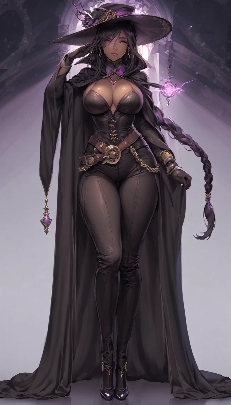 (masterpiece), (best quality:1.4), (perfect anatomy:1.4), high quality, expressive eyes, full body, detailed face, beautiful face, perfect face, {1 girl}, In her human form, Danua possesses an aura of mystery and quiet strength. She stands at a moderate height, around 5 feet 8 inches tall, with a slender yet athletic build that speaks of both grace and resilience. Her complexion is a rich, dark hue, reminiscent of polished mahogany, lending her an air of exotic beauty that sets her apart in any crowd. Danua's features are striking yet enigmatic, with high cheekbones, a sculpted jawline, and full lips that often curve into a thoughtful expression. Her eyes, a deep emerald green, hold a glint of intelligence and intensity, hinting at the depths of wisdom and experience hidden within. Cascading waves of black hair frame her face, falling in loose curls that dance with every movement, adding to her ethereal allure. She often keeps her hair partially concealed beneath a hooded cloak, adding to her mysterious aura. In her attire, Danua favors garments that blend functionality with elegance, often opting for dark colors and flowing fabrics that allow for of movement. She may be seen wearing a long, flowing cloak that billows behind her like a shadowy veil, adding to her air of mystique., dynamic lighting, 4k resolution, dynamic pose, gothic background, steampunk_costume, hat, curvy, gothicpunkai, jim lee, dark skin, dark skinned female, black hair, ((pants)), belts, dark cloak,